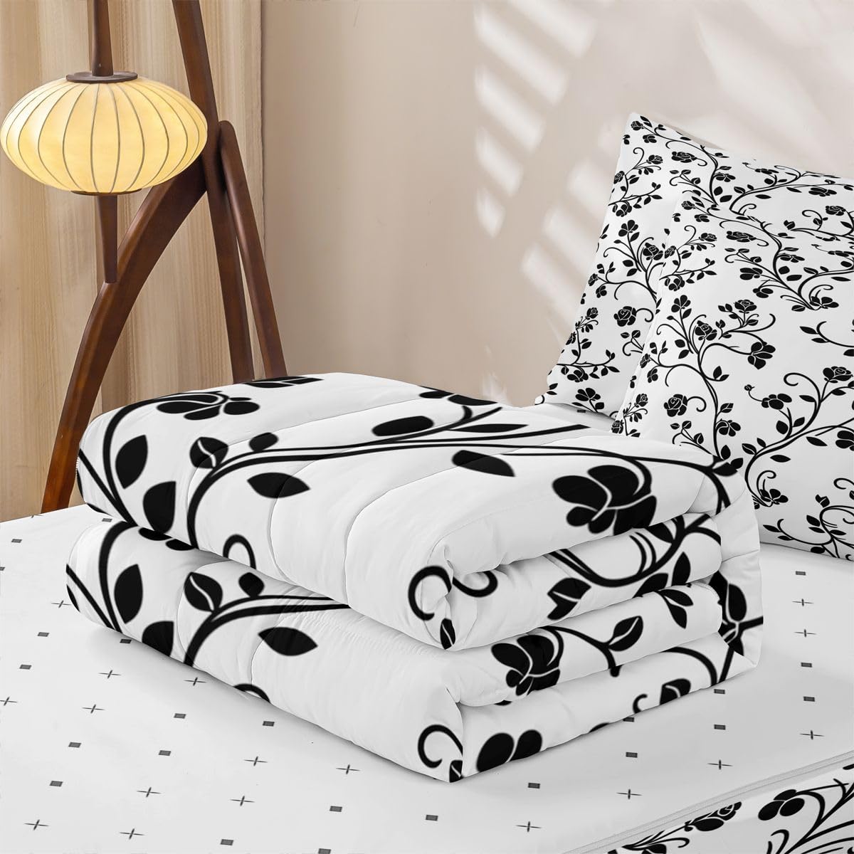 jejeloiu Retro Black White Rose Comforter Set Queen Size Zipper Bedding Set for Girls Boys Floral Comforter with Fitted Sheet, Pillowcases Botanical Flowers Zipper Bedding Soft Breathable Bed in a Bag