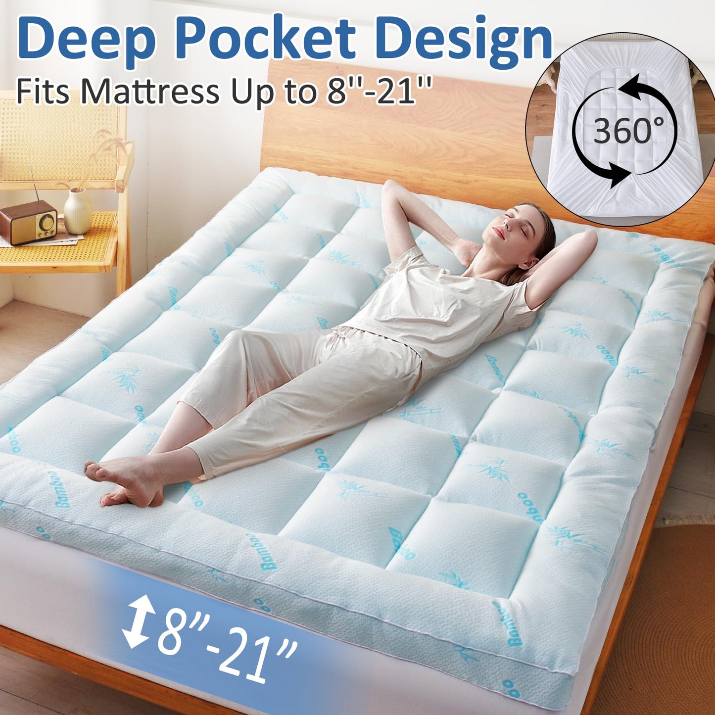 Favorland Mattress Topper King Size - Cooling Extra Thick Breathable Viscose Made from Bamboo Mattress pad - Soft Quilted Fitted Mattress Cover with 900 GSM Down Alternative Fill (8-21”Deep Pocket)