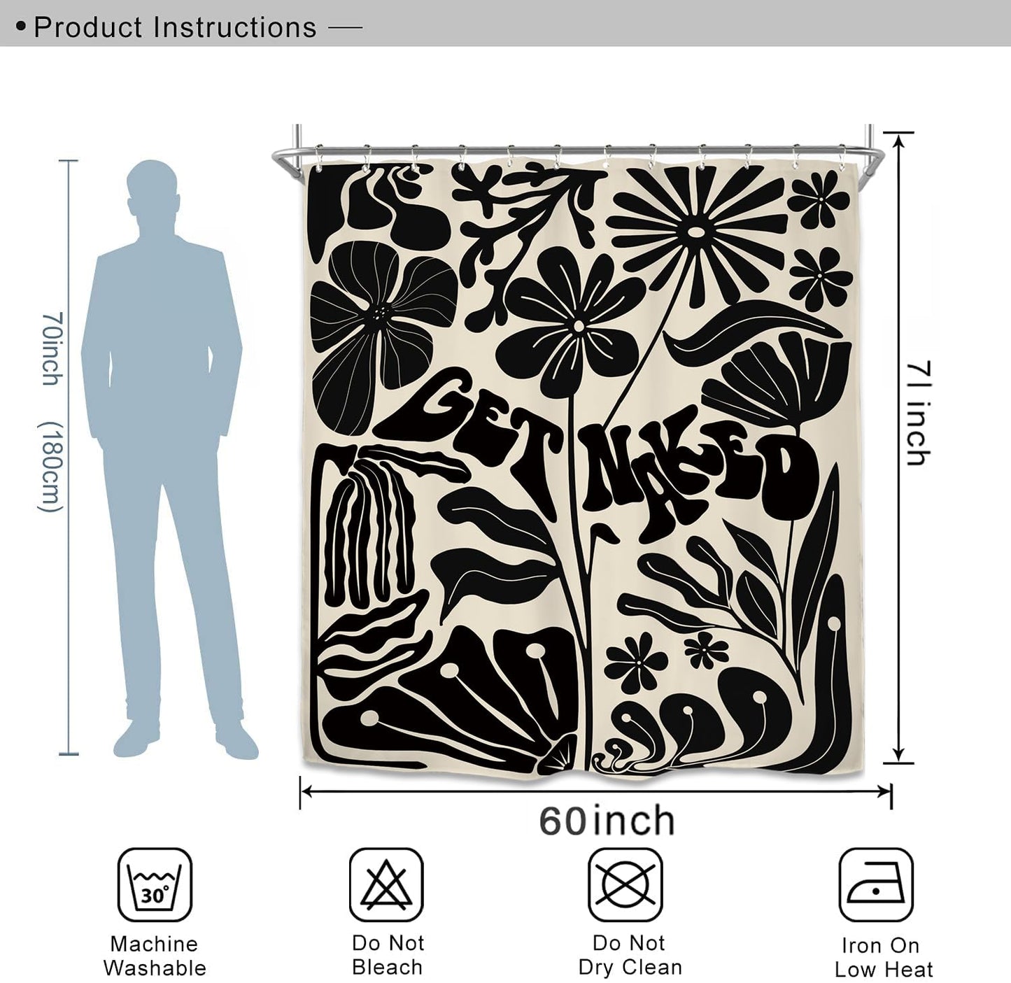 Miyotaa Retro Black Matisse Flower Shower Curtain Set 60Wx71H Inches Get Naked Minimalist Modern Neutral Abstract Vintage Polyester Bathroom Curtain with 12 Hooks
