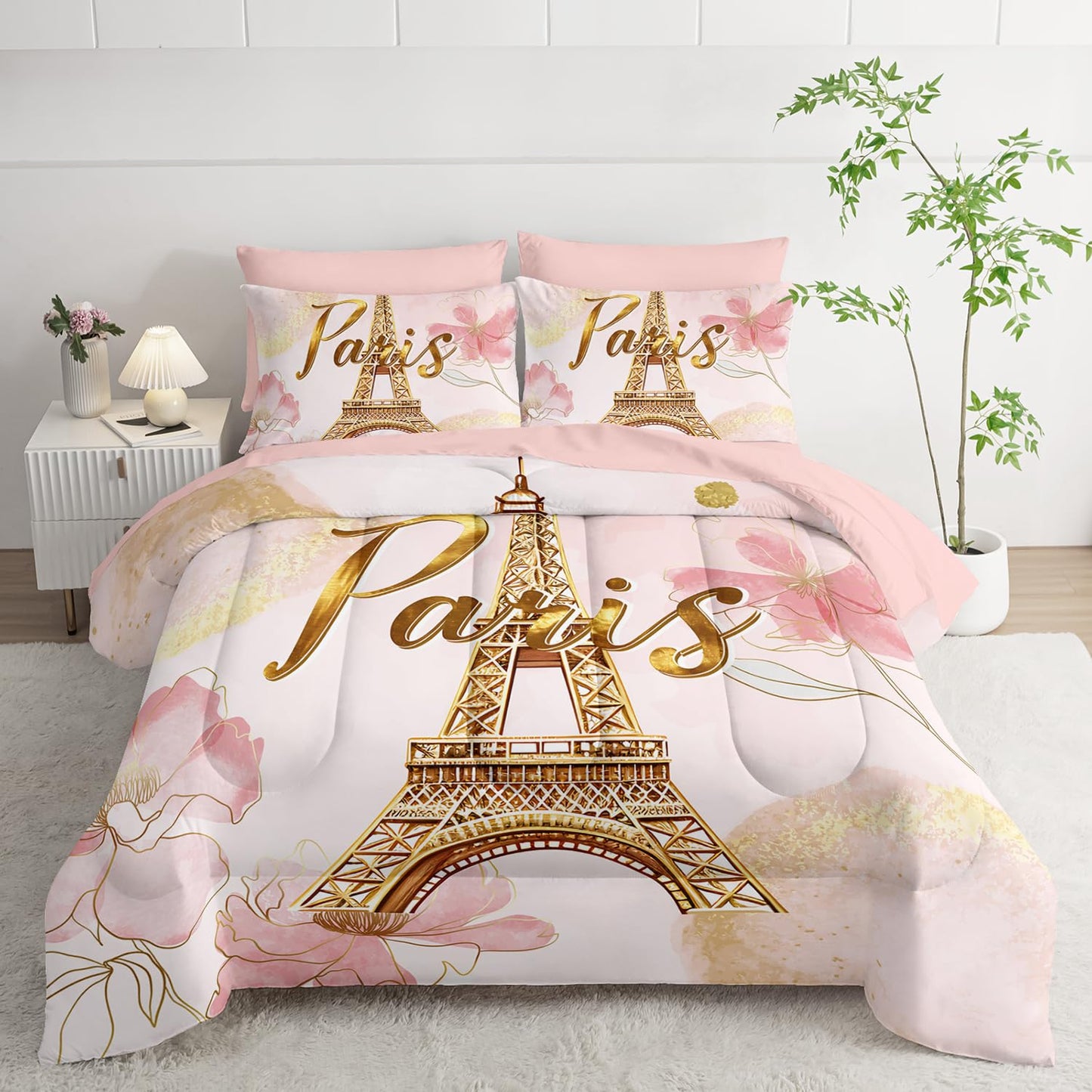 AILONEN Paris Eiffel Tower Comforter Set Full 7-Piece Tie Dye Flower Pink Bed in a Bag for Girls Women,Soft Comforter & Fitted Sheet with Flat Sheet,2 Pillowcases,2 Pillow Shams