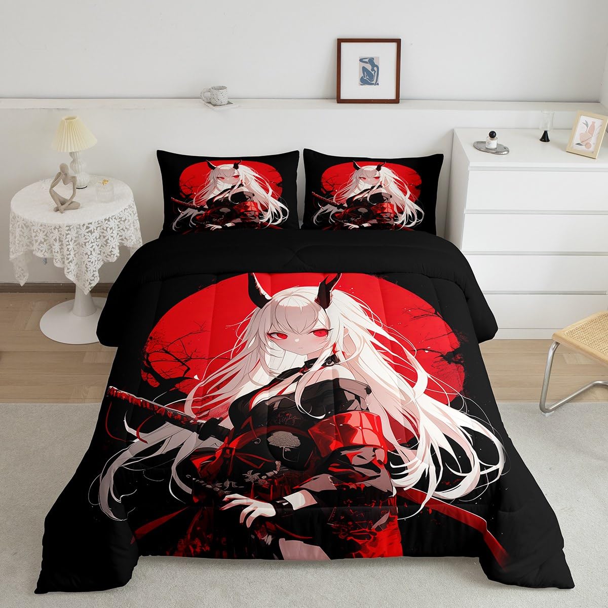 Erosebridal Full Japanese Anime Bedding Set for Kids, Anime Girl Comforter Set Kawaii Japanese Style Duvet Insert Cartoon Japan Animation Quilt for Boys Teens Adult Women Bedroom, Red Black