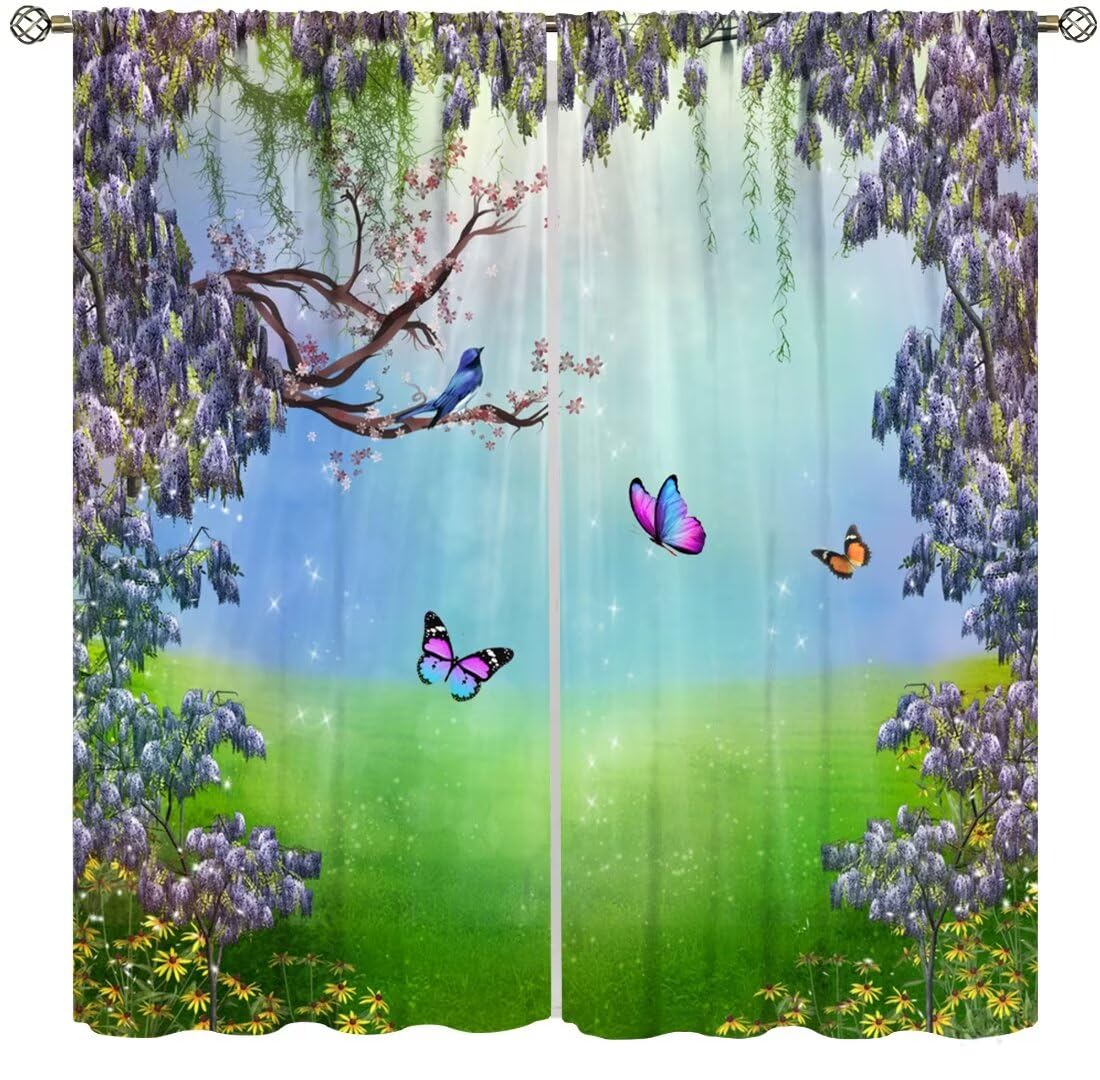 DDCBNS Fantasy Nature Windows Curtains,Magical Forest Plants Flower Window Treatments for Bedroom Living Room Dream Garden Butterfly Drapes 2 Panels Set,Total Size 42 x 45 Inch