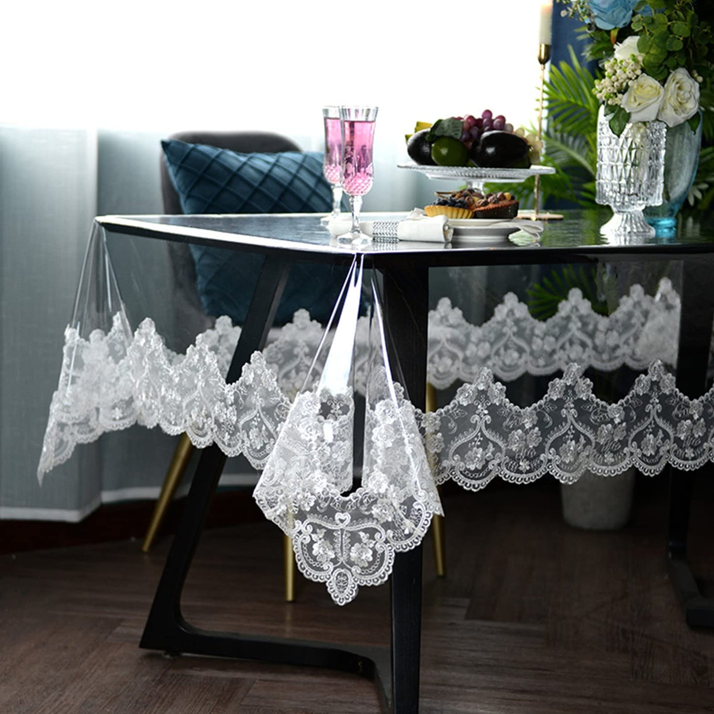 Clear Plastic Waterproof Tablecloth, Vinyl PVC Rectangle Table Cloth with Lace Macrame, Oil Spill Proof, Table Cover for Dining Tables, Parties and Holidays (White, 60 x 120 Inch)