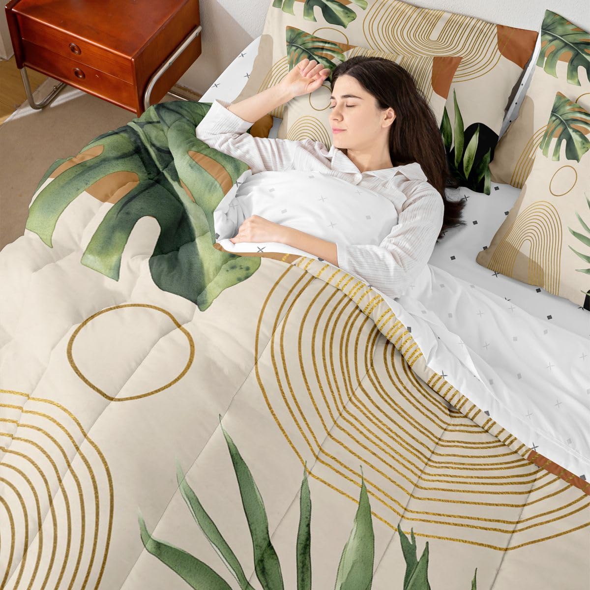 Erosebridal Boho Sage Green Full 7 Pcs Bedding Set, Abstract Bohemian Mid Century Comforter Set with Sheets, Modern Golden Geometric Minimalist Bed in A Bag, Plant Botanical Palm Leaf Bed Sets