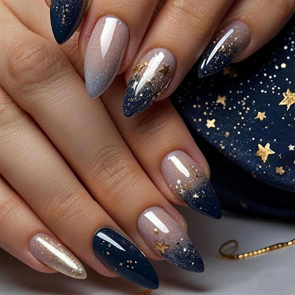 evpct Ombre Blue Press on Nails Medium Almond, Blue Fake Nails with 3D Stars Design, Reusable Perfect Fit Press ons Short False Nail for Women Manicure, Ombre Fake Nail Kit with Kits Gel Stick, 24Pcs