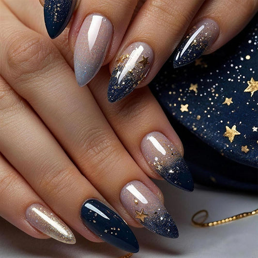 evpct Ombre Blue Press on Nails Medium Almond, Blue Fake Nails with 3D Stars Design, Reusable Perfect Fit Press ons Short False Nail for Women Manicure, Ombre Fake Nail Kit with Kits Gel Stick, 24Pcs
