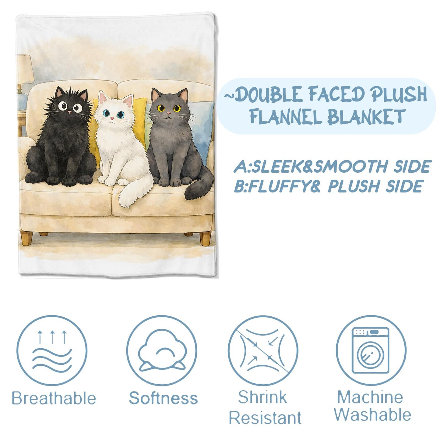 Zeleda Cute Cat Cozy Throw Blanket for Couch Sofa Bed, Soft Flannel Playful Kitten Blankets for Kids Girls Boys Teens, Warm Lightweight Adorable Whimsical Throws for Room Decor Gifts, 50x60 Inches