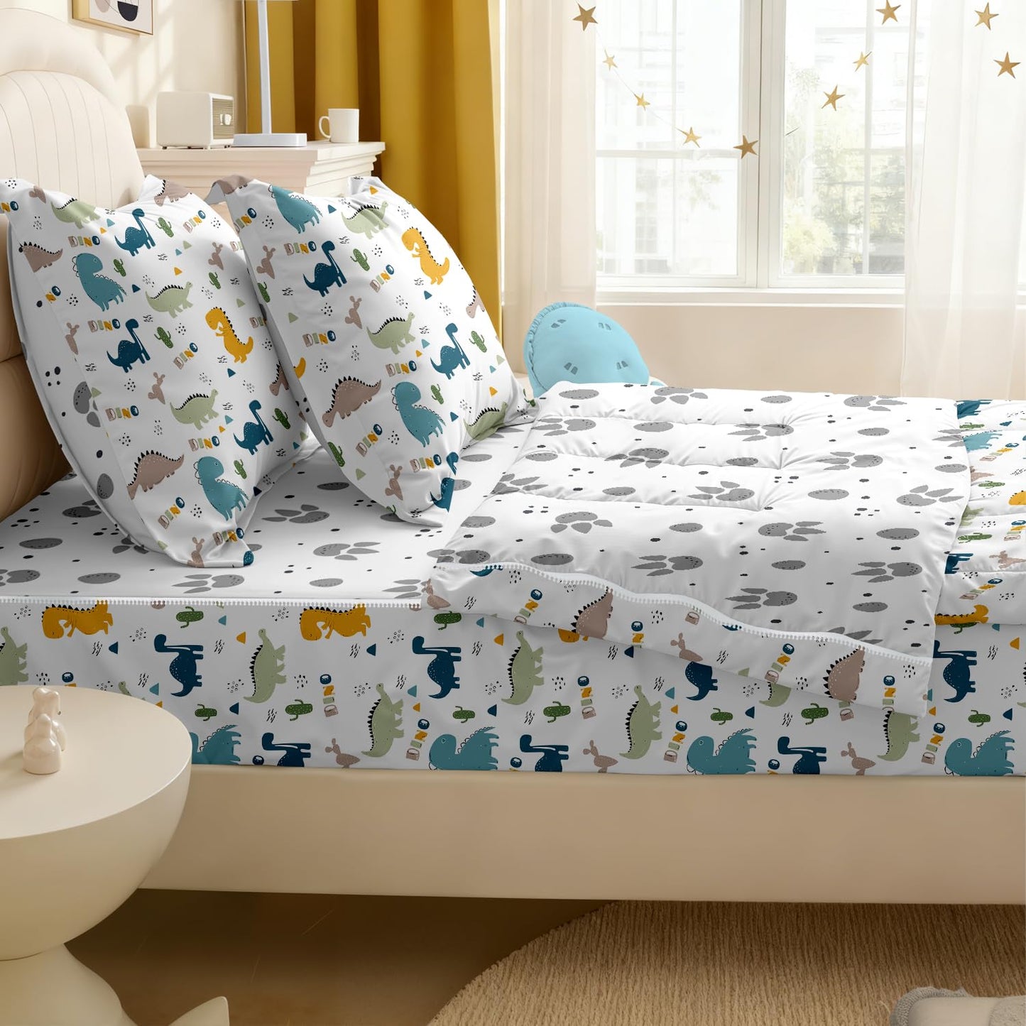 Yadangxiawa Kids Comforter Set,Zipper Bedding Twin for Boys,Dinosaurs Printed Comforter Set with Paw Fitted Sheets and Pillowcases for All Season(Dinosaurs Twin)