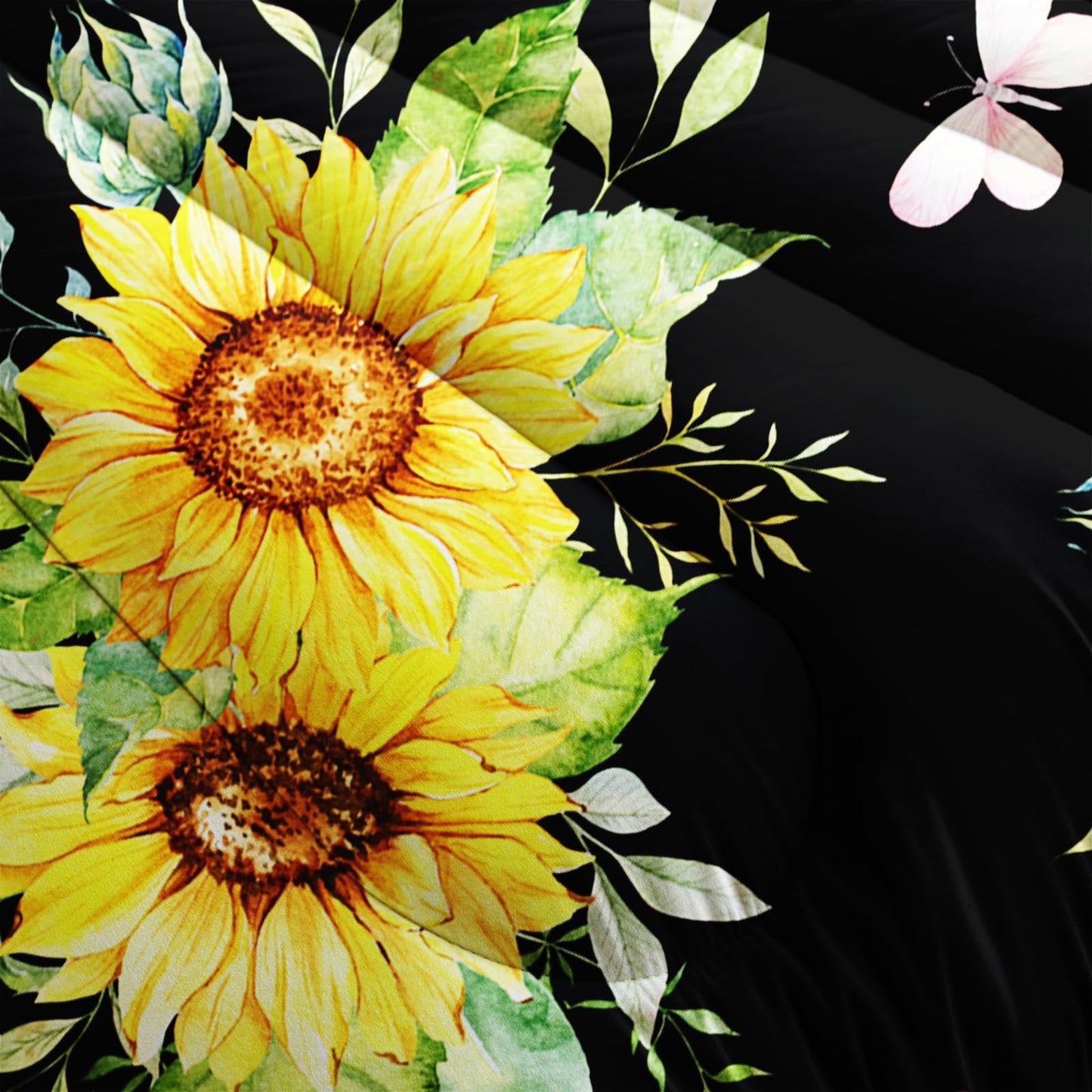 Nttopship Black 3 Piece Sunflower Comforter Sets Full Size, Farmhouse Floral Bedding Set for Girls Boys Adults,3 Piece Bed in A Bag, Ultra Soft Microfiber All Season Yellow Flower Bedding Set