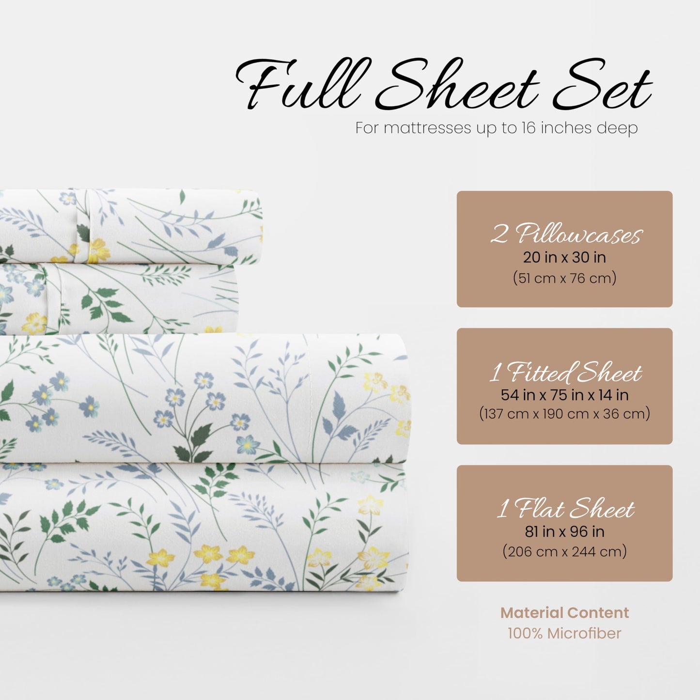 Linen Market Double-Brushed Patterned Microfiber Full Sheet Set 4 Piece – Oeko-TEX Certified Ultra Soft & Wrinkle-Free - 16" Deep Pocket Sheets - Easy Care Full Size - Wildflower Light Blue