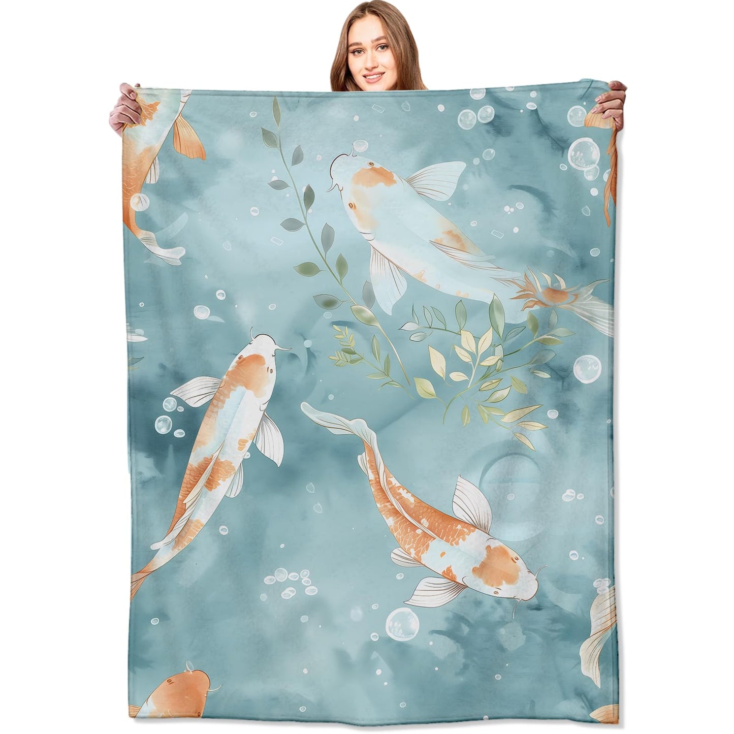 VODRM Koi Fish Blanket Gentle Aqua Tones Throw Blankets,Birthday Gifts for Kids Adult & Ocean Nature Lovers,Lightweight Soft Fleece Cozy for Sofa Couch Bed Room Zen Decor 50x60in