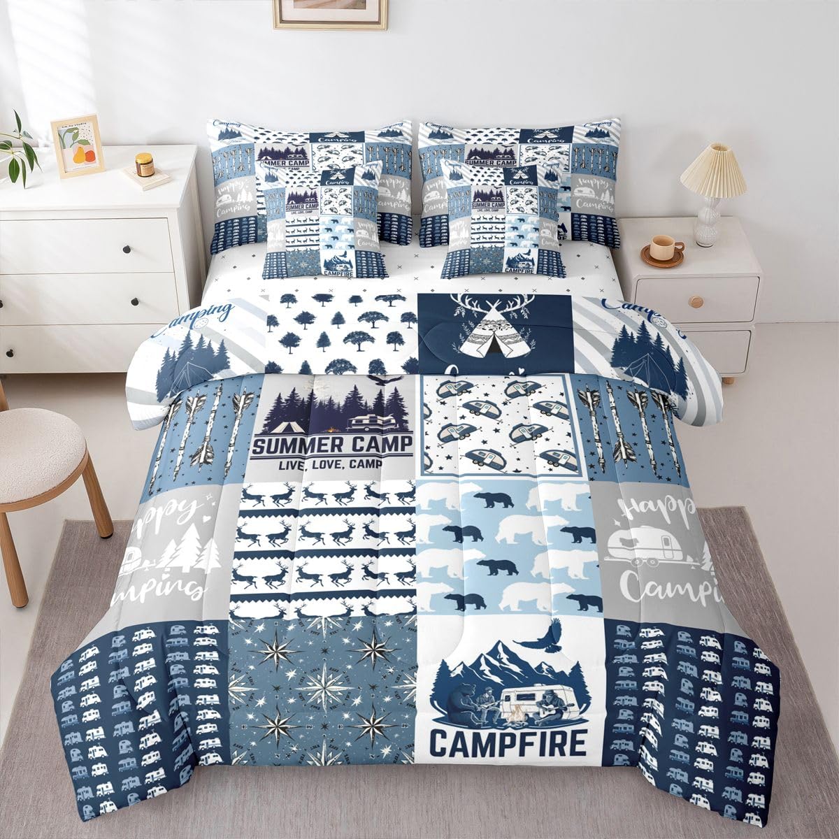 Erosebridal Happy Camping 7 Piece Bedding Set Full Camper Comforter Set with Sheets Rustic Farmhouse Style Bed in A Bag Camping Car Bed Sets with 2 Pillowcases, 2 Throw Pillow Covers