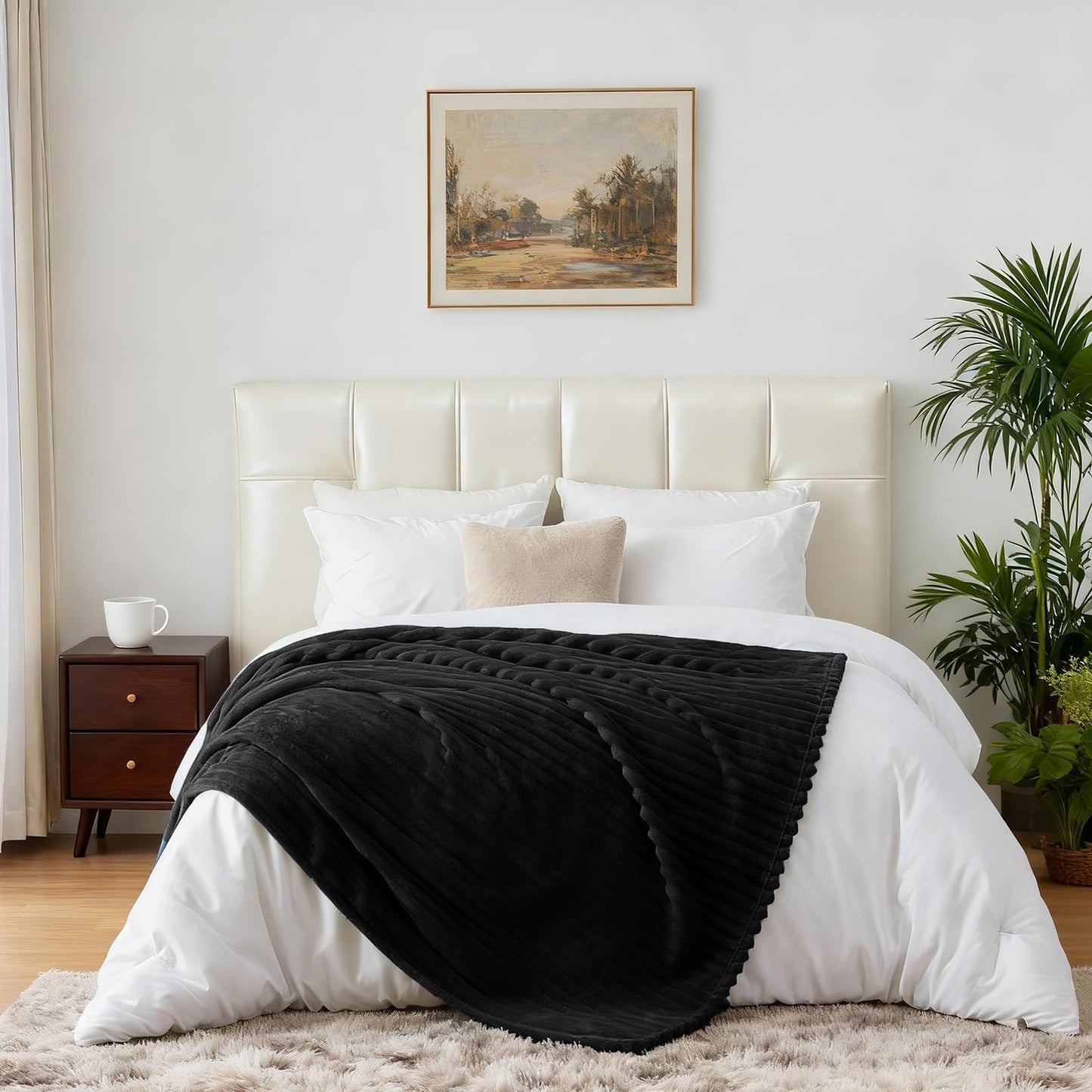 Nookly Black Fleece Throw Blanket for Couch, Soft Lightweight Ribbed Plush Blanket for Sofa and Bed, All-Season Cozy Striped Throw for Men 50x60 Inches
