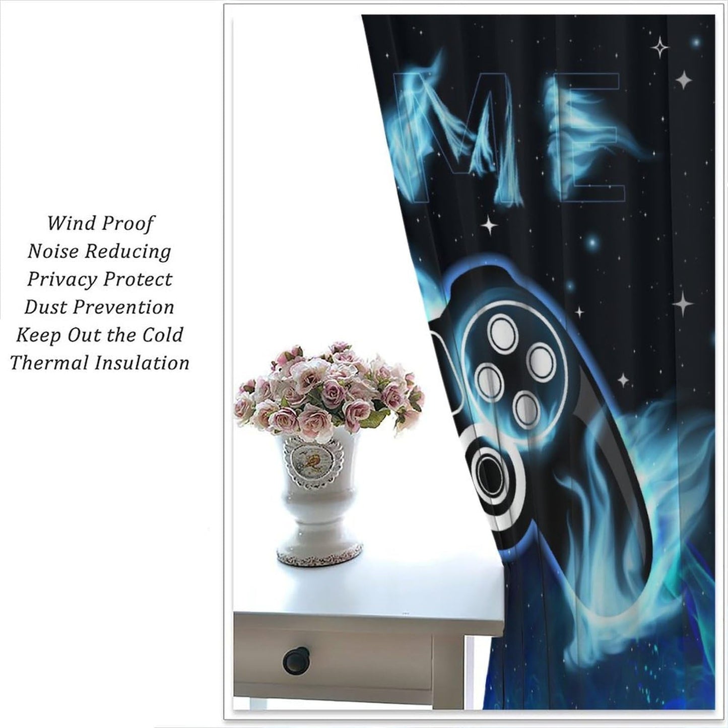wlsgdsg Blue Gamer Curtains for Boys,Fantasy Cartoon Flame Video Computer Gamepad Starry Window Treatments Print for Kids Teenage Bedroom Living Room 41x44.5in（No Blackout）