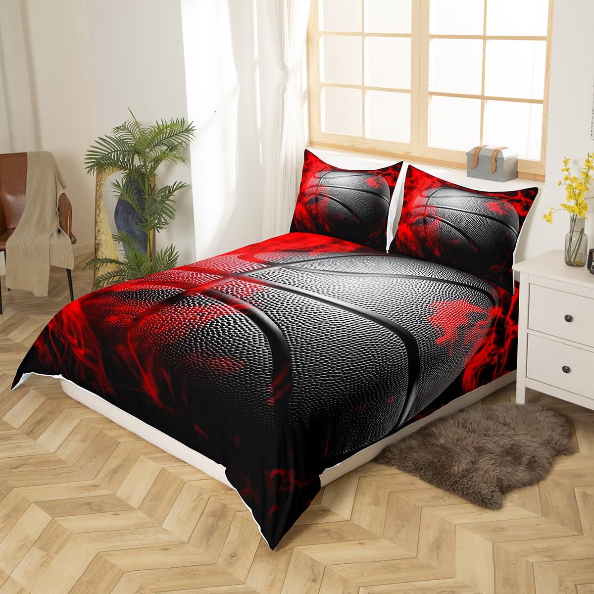 Homewish Basketball Duvet Cover Set Sports Theme Bedding Set 3pcs for Kids Boys Teens Red Flame Basketball Comforter Cover King Size Game Room Bedspread Cover with 2 Pillowcases (No Comforter)
