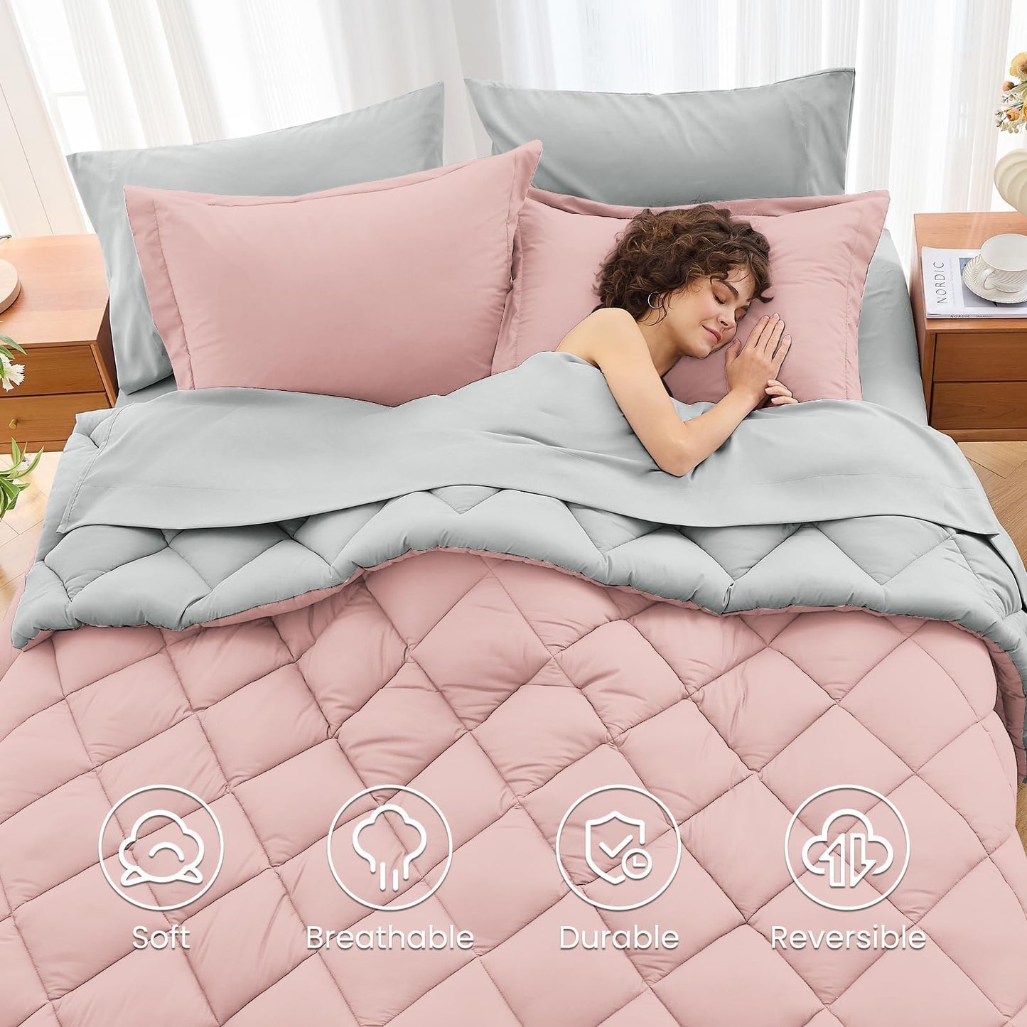 MUXHOMO 7 Pieces California King Comforter Set, Reversible Bed in a Bag Cal King Size, All Season Bedding Set with Comforter, Flat Sheet, Fitted Sheet, Pillowcases & Shams, Pink & Light Grey