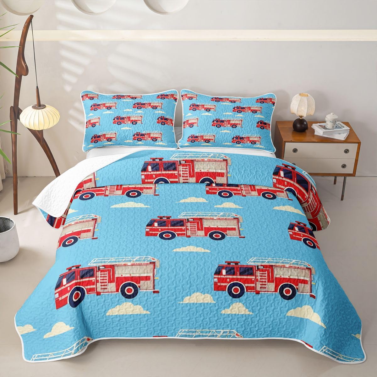 Erosebridal Cartoon Fire Truck Quilt Twin Red Firemen Car Quilt Set for Kids Boys Teens Adults White Cloud Blue Sky Coverlet Fire Engine Bedspread with 1 Pillowcase