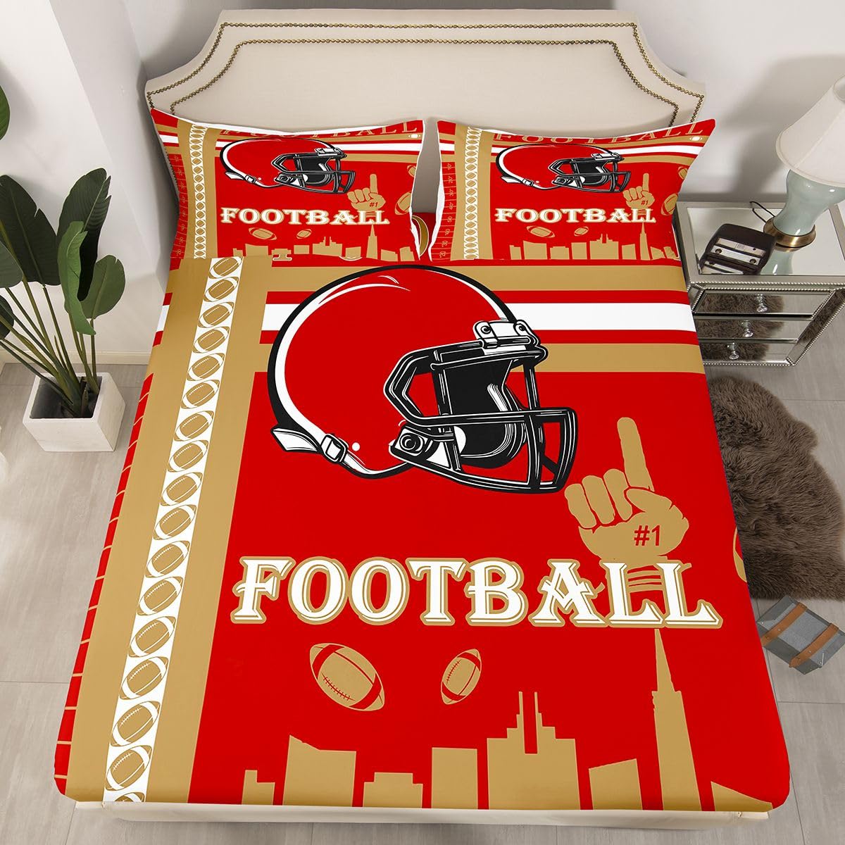 Feelyou Football Bed Sheets Set Boys Girls Fitted Sheet Full Size Football City Sheets with Deep Pocket Rugby Sports Bedding Set