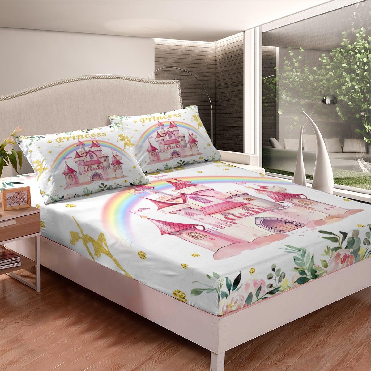 Erosebridal Princess Twin Fitted Sheet,Pink Castle Dreamy Bedding Set for Girls Kids,Fairy Garden Floral Bed Set,Cute Rainbow Pink Bed Sheets 2Pcs Bedroom Decor (No Flat Sheet)