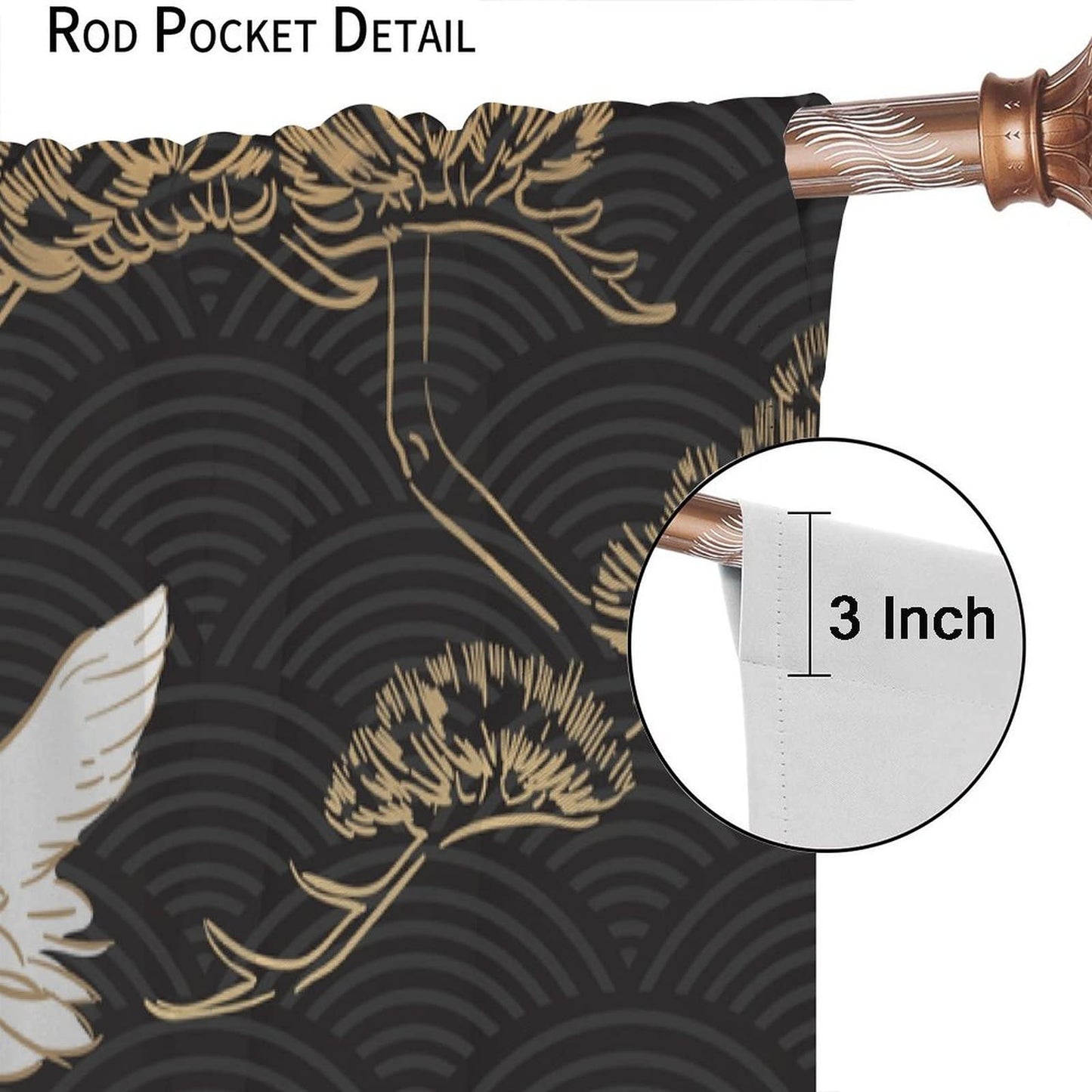Japanese Style Curtains, Retro Red Crane Black and Gold Pine Tree Wave Abstract Asian Style, Bedroom Living Room Blackout Curtains, 2 Panel Set,42X45 Inch