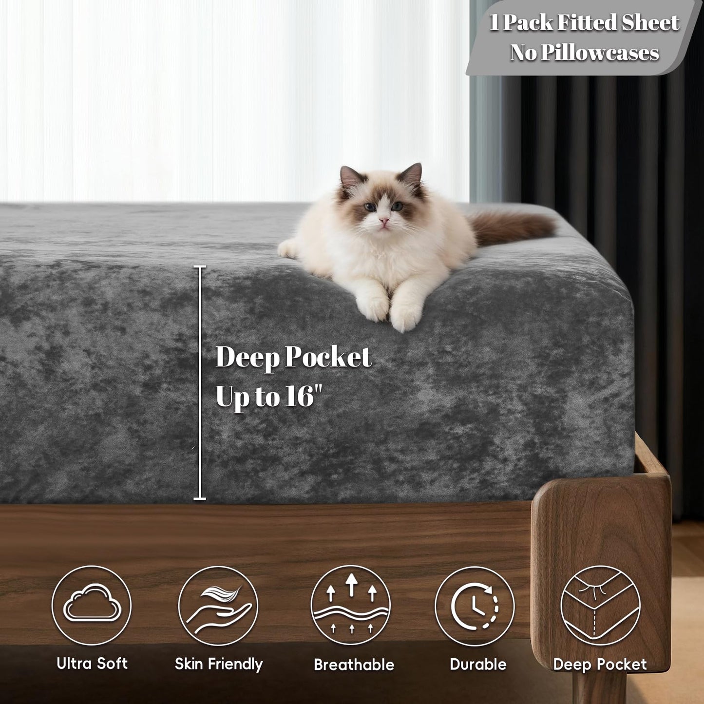 PHF Truly Velvet Fitted Sheet Only Queen Size, Luxury Super Soft Cozy Fuzzy Fleece Bottom Sheet with Deep Pocket Up to 16",Suitable for Fall Winter Spring, No Pillowcases, Charcoal/Dark Grey