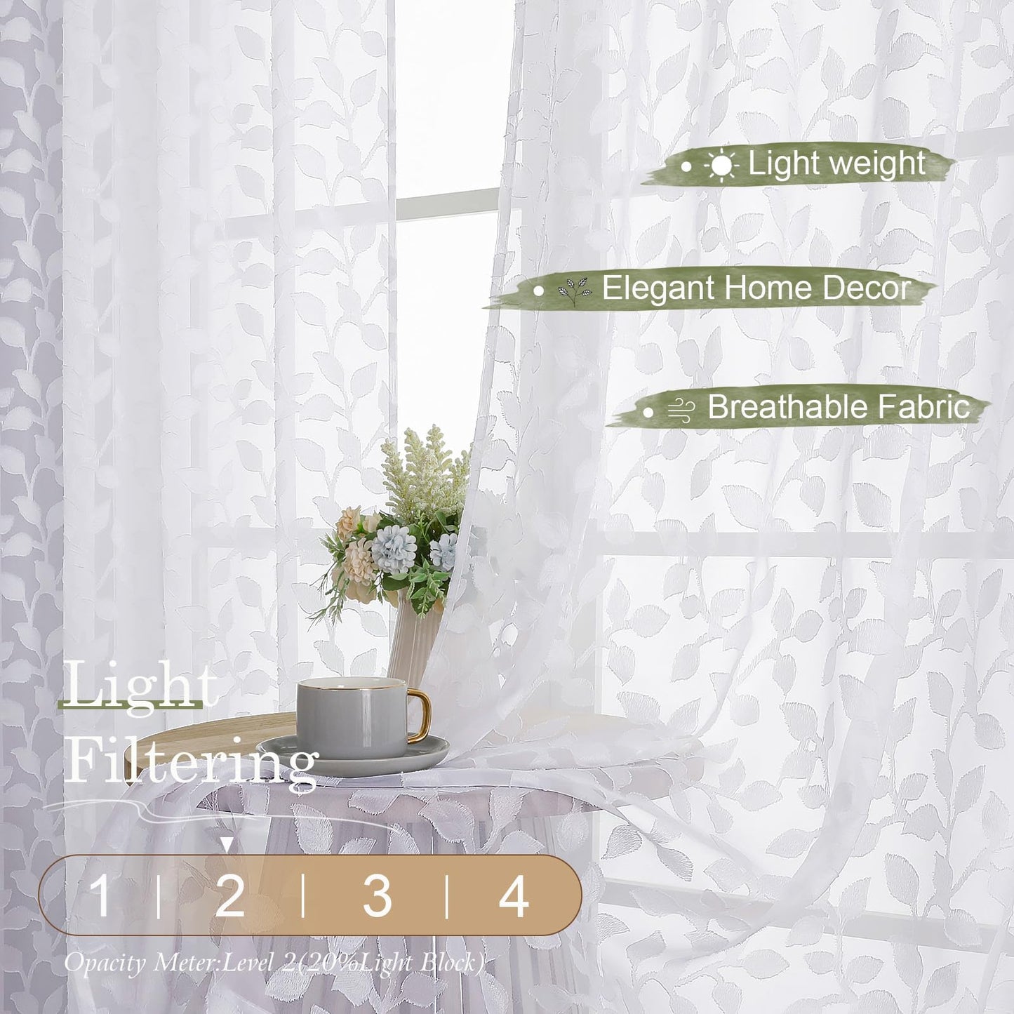 Chyhomenyc White Sheer Curtains 84 Inch Length 2 Panels Set, Light Filtering Tufted Textured Soft Airy Rod Pocket Gentle Leaf Window Treatment Drapes for Bedroom Living Room, 42" Wx84 L, 2PCS