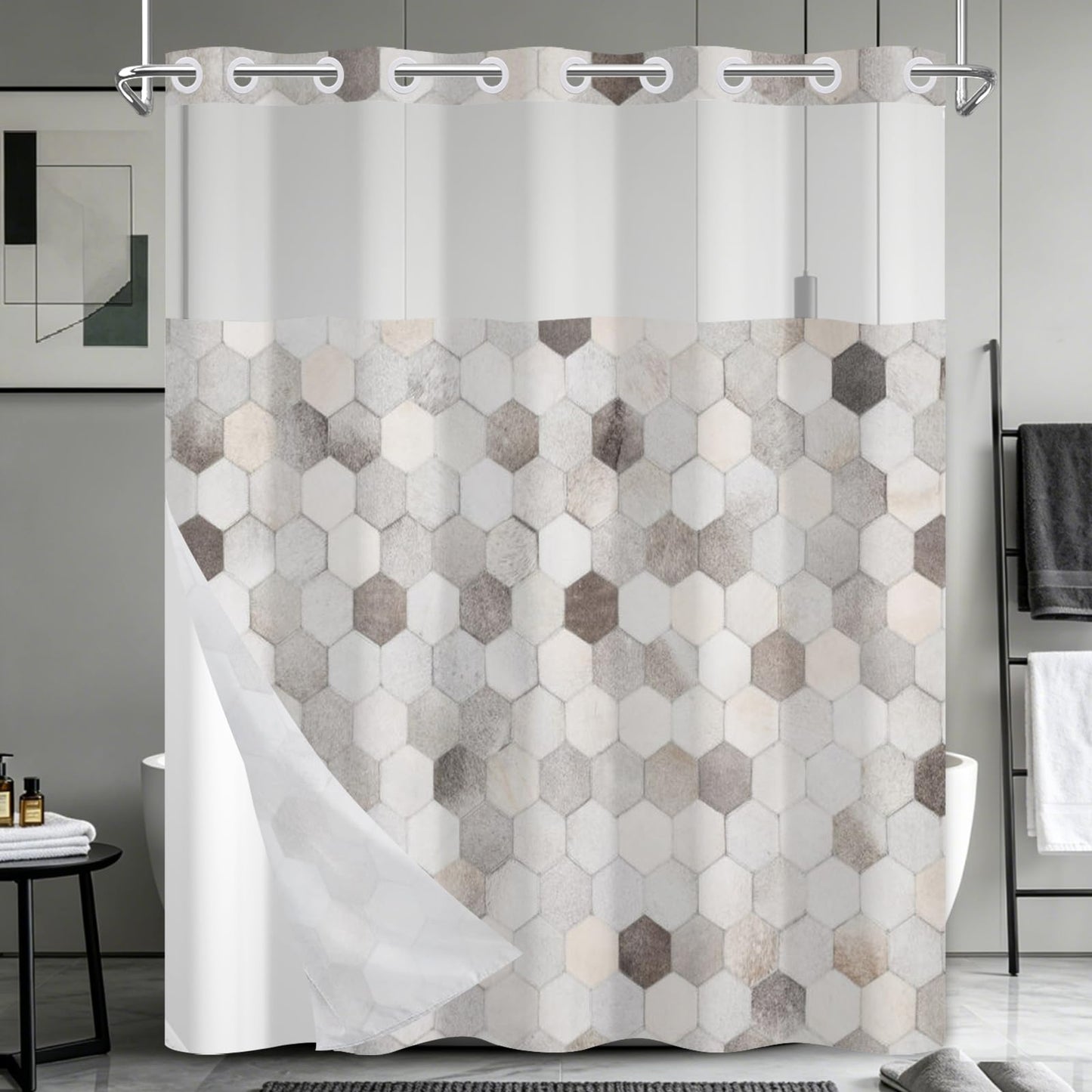 NAEMBCU No Hook Geometric Shower Curtain with Snap in Liner 71x74 Inch