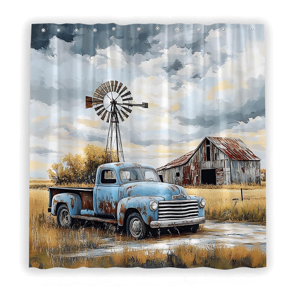 SATRTUD Rustic Blue Truck Shower Curtain Vintage Wooden Barn American Old Antique Car Retro Farmhouse Western Farm Country Nature Landscape Polyester Fabric Bathroom Curtain with Hooks 70x70 Inch