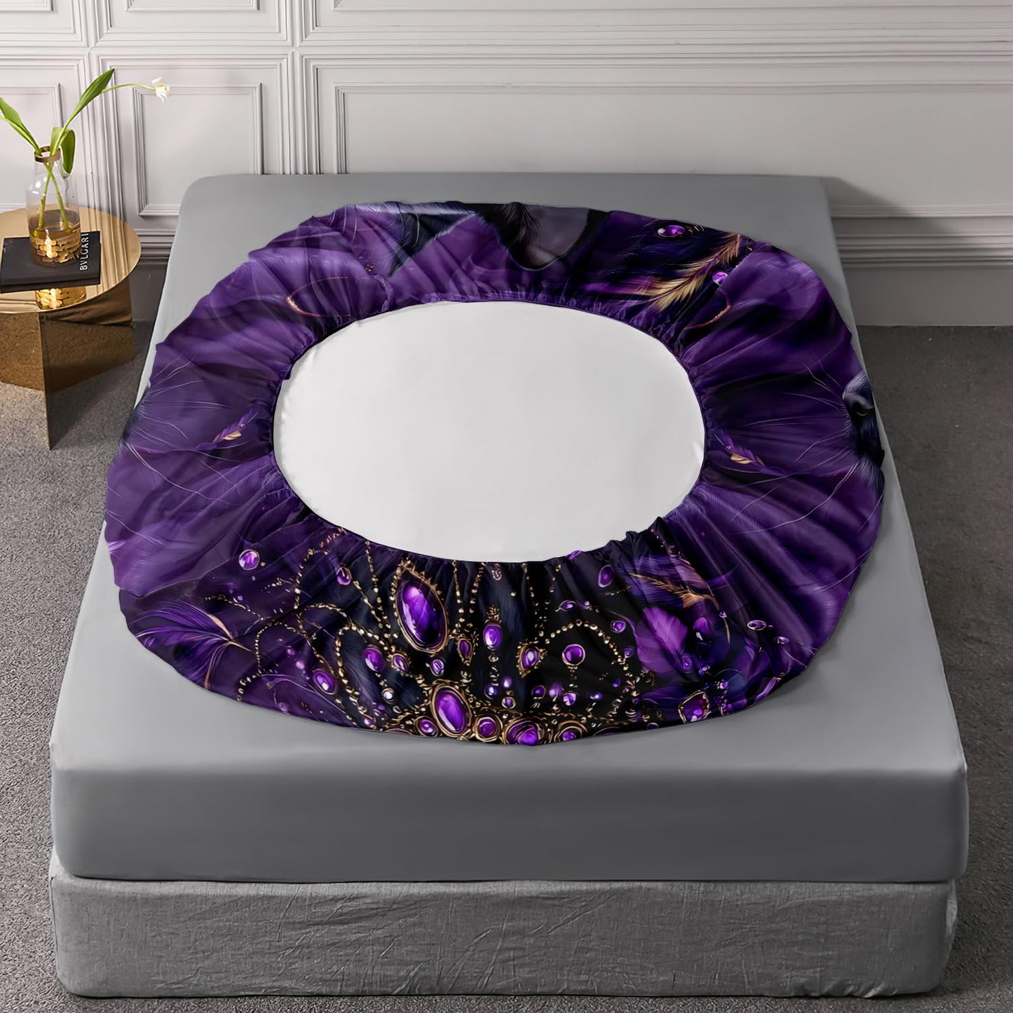 HOSIMA Cat Fitted Seet Twin,Black Cat Wearing Diamond Necklace Print Animal Bedding for Women Girls Room Decor,Flowers and Feather Pattern Aesthetic Bedding,1 Fitted Sheet+2 Pillowcases.