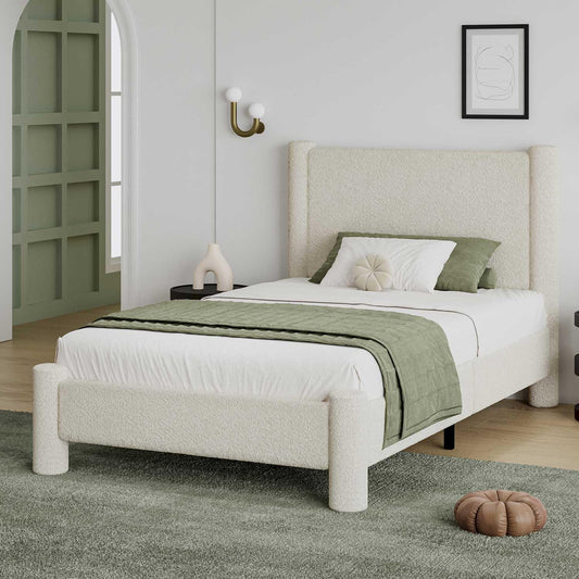 REVOMINCA Twin Size Bed Frame, Boucle Upholstered Platform Bed with Headboard and Footboard, Soft Rounded Corners, No Box Spring Required, Easy Assembly, Cream