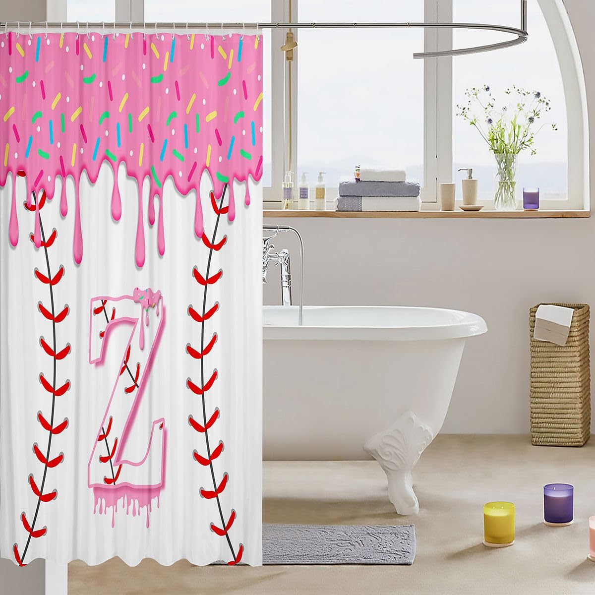 jejeloiu Baseball Ice Cream Shower Curtains Initial Letter Z Bathroom Curtain for Kids Women Men Pink Ice Cream Bathroom Accessories Waterproof Polyester Fabric for Stalls Bathtubs 72"x78"