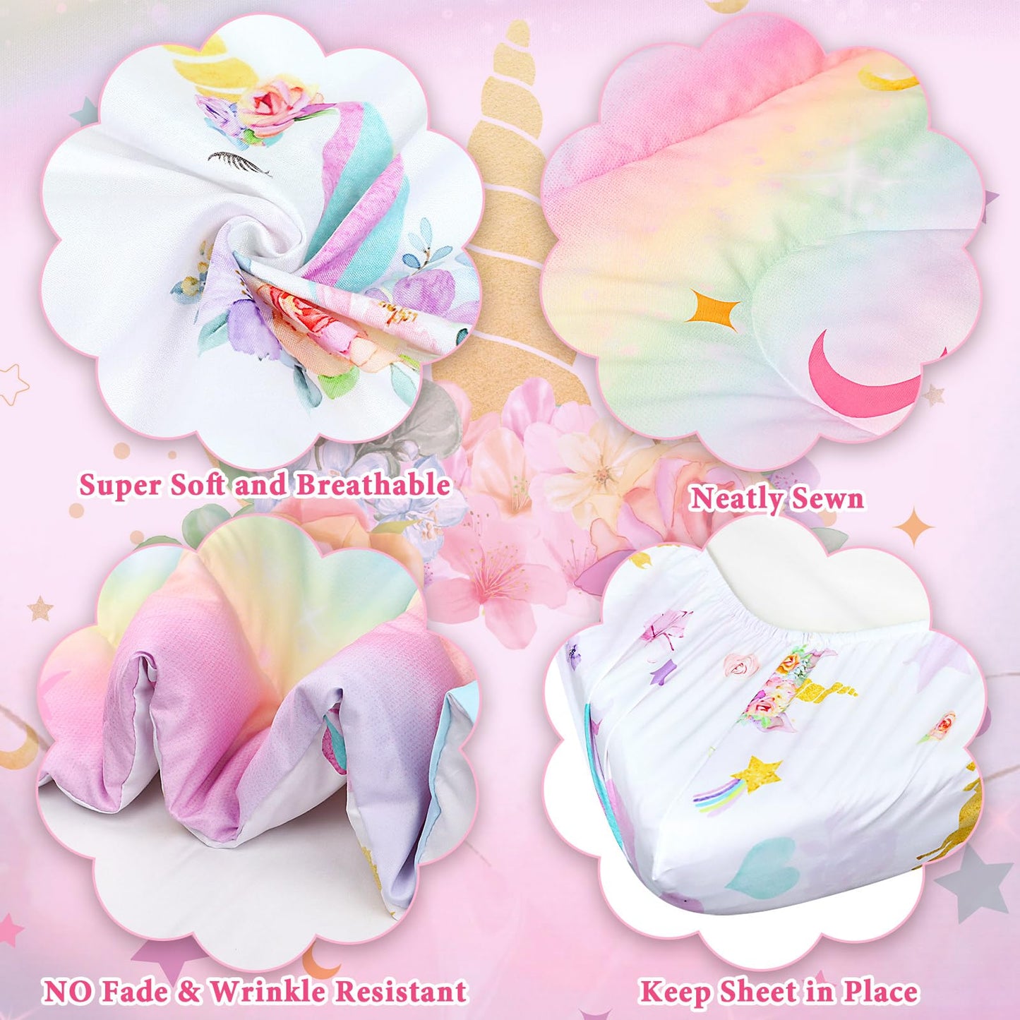 Toddler Bedding Sets for Girls, Unicorn Toddler Crib Bedding Set 4 Piece Pink Floral Toddler Comforter Set Includes Flat Top Sheet, Fitted Sheet, Comforter, Envelope Pillowcase, Soft & Comfort