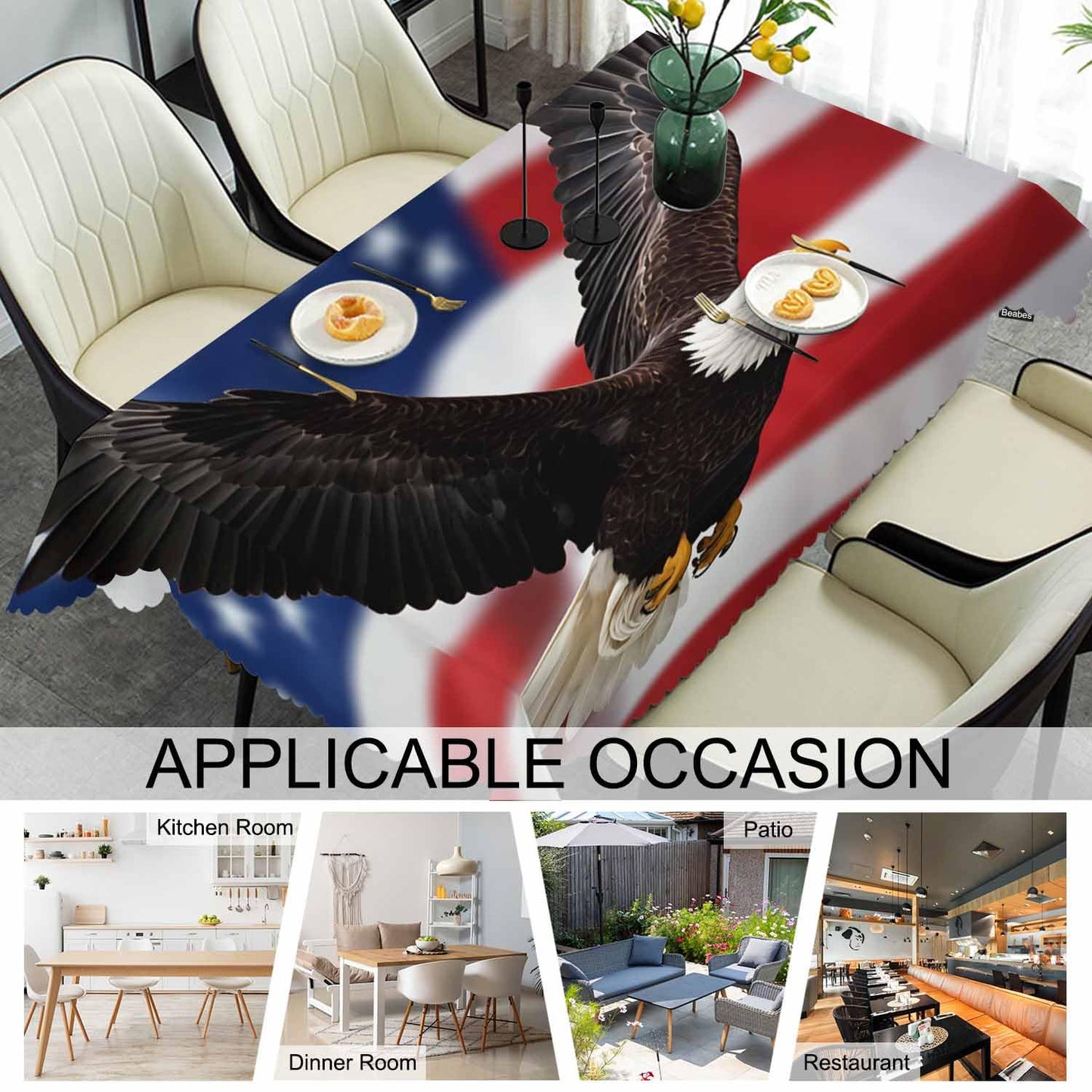 Beabes Tablecloth Bald Eagle 52 X 70 Inch, American Flag Bald Eagle Oblong Table Cloths Anti-Shrink Decorative Table Cover for Kitchen Dinning Tabletop Outdoor Picnic BBQ