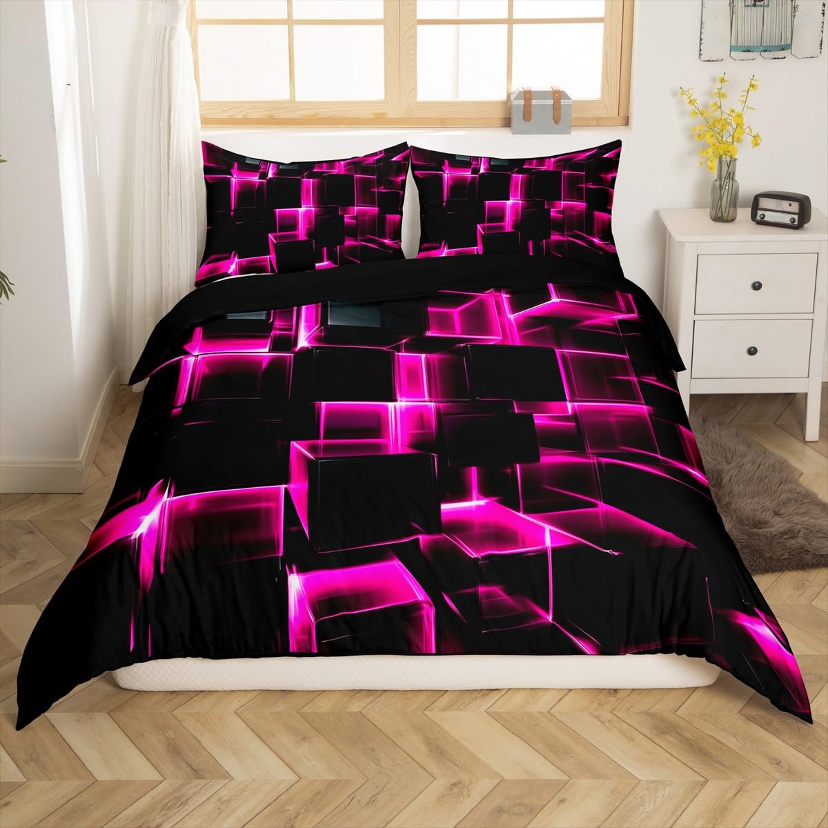 Erosebridal Honeycomb Square Duvet Cover for Kids Girls 3D Geometric Square Bedding Queen, Pink Black Neon Lights Bedding Sets, Gradient Print Bed Cover with 2 Pillow Cases
