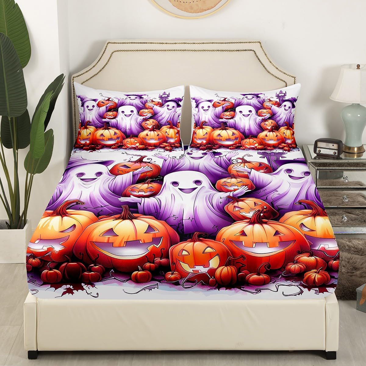 Kids Halloween Theme Fitted Sheet Queen Size,3D Ghost Pumpink Halloween Bedroom Decor Bedding All-Round Elastic Pocket,Gothic Tie Dyed Skull Bed Sheet 3 Pieces Fits Mattress