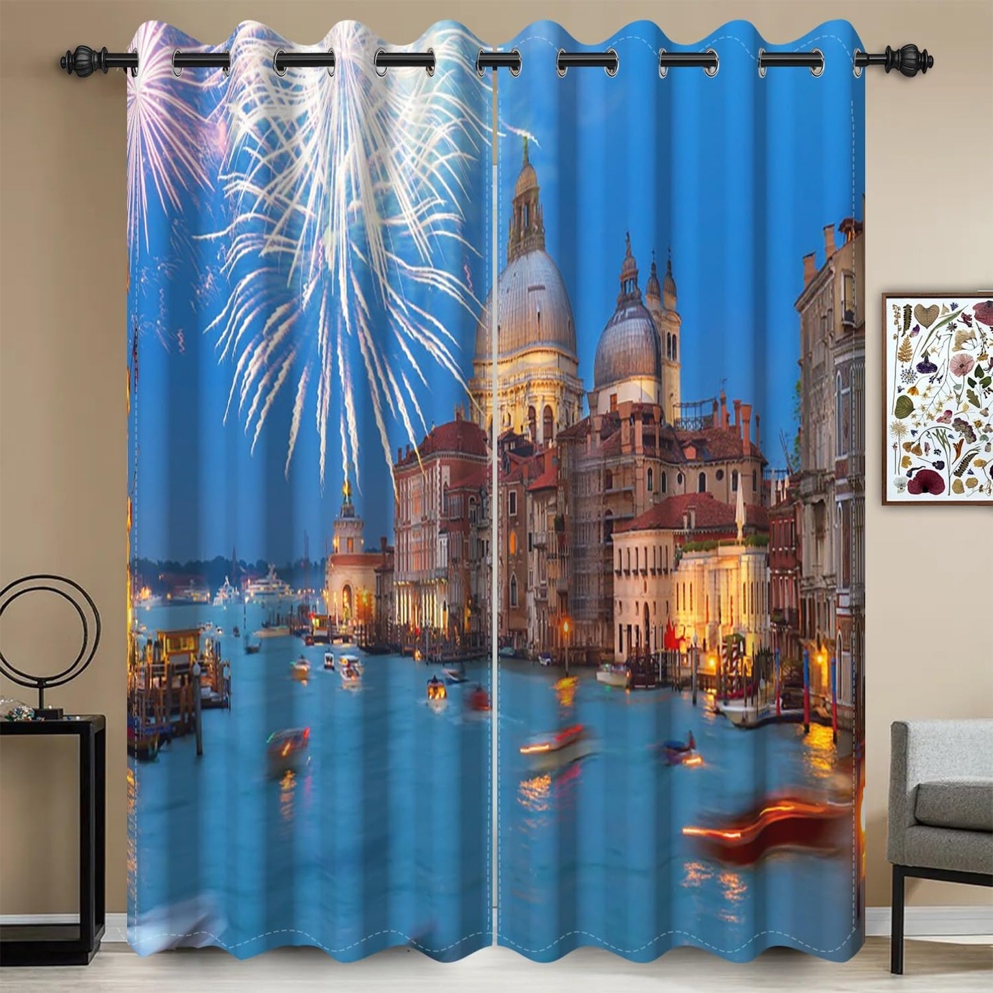 Umpoo Modern Cityscape Blackout Curtain Venice Canal Retro Church Buildings Fireworks Blossoms City Night View Window Drapes for New Year Living Room Bedroom Home Decor Set of 2 Panels, 52x63 Inch