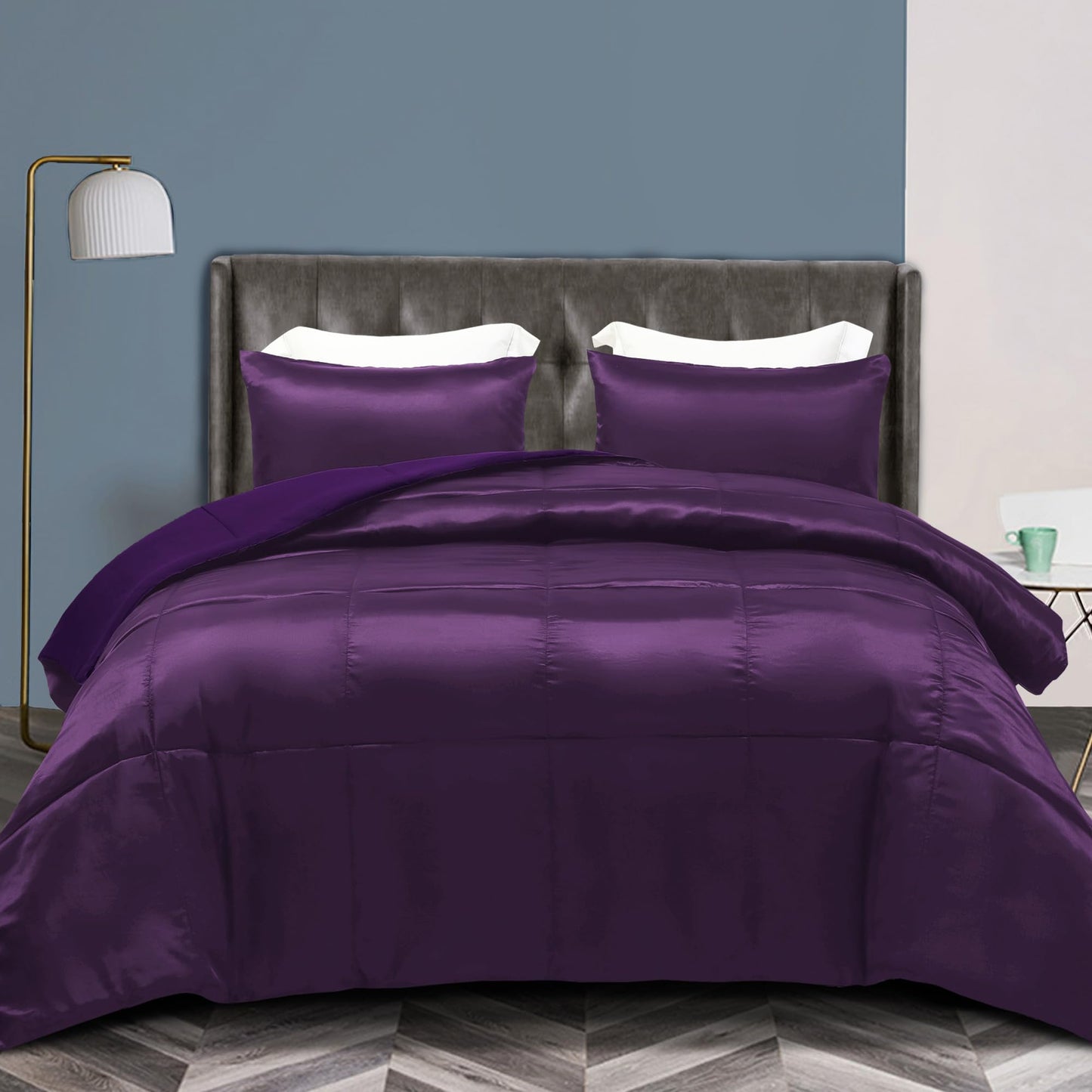 Whale Flotilla 3-Piece Reversible Silky Soft Queen Comforter Bedding Set, Luxurious Satin Comforters Full Size with 2 Satin Pillowcases, Lightweight Duvet for All Seasons, Purple
