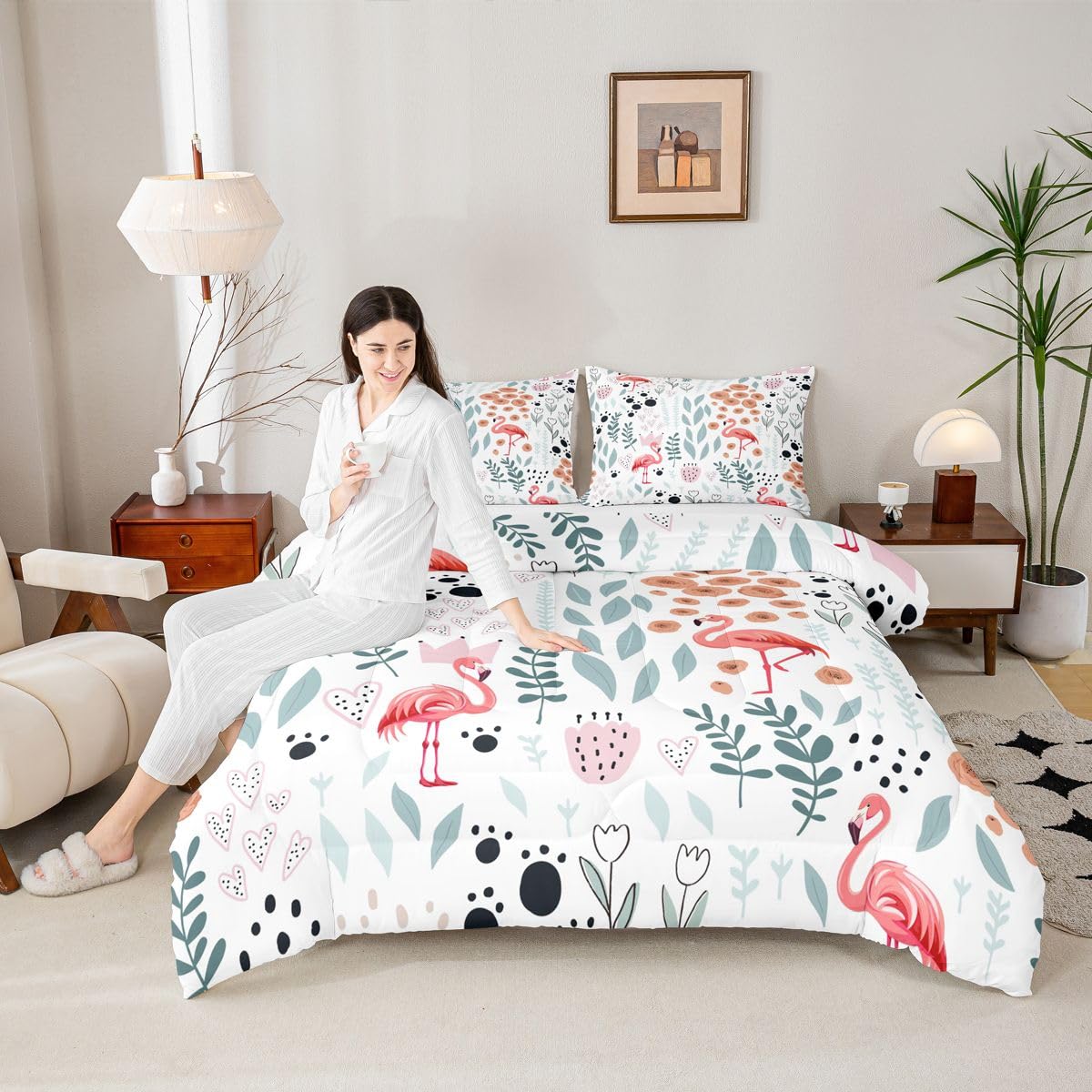 Erosebridal Kawaii Pink Flamingo Bedding Set Twin,Cartoon Flamingo Comforter Set for Kids Girls Boys,Cute Love Heart Leaf Flower Comforter Set,Paw Print Animal Quilt Bed Set with 1 Pillow Case