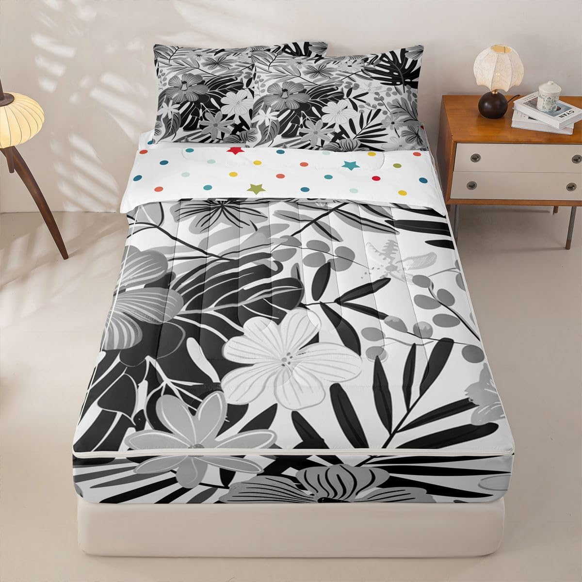 Feelyou Cute Grey Flower Zipper Bedding Sets for Kids Boys Girls Botanical Leaves Floral Queen Comforter Set with Fitted Sheet Aesthetic Flower Bedroom Decor Microfiber with 2 Pillow Cases