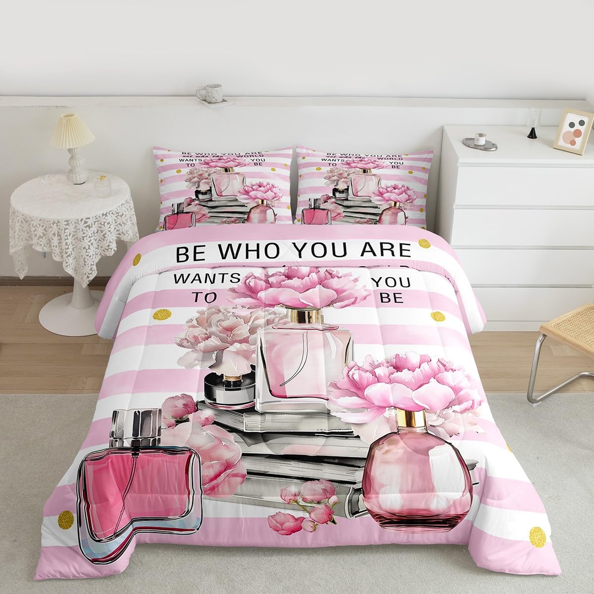 Erosebridal Girly Fashion Comforter King Size Girls Pink and White Striped Bedding Set for Kids Teens Women Modern Pretty Aesthetic Duvet Insert Coquette Fantasy Perfume Boho Trendy Quilt Set