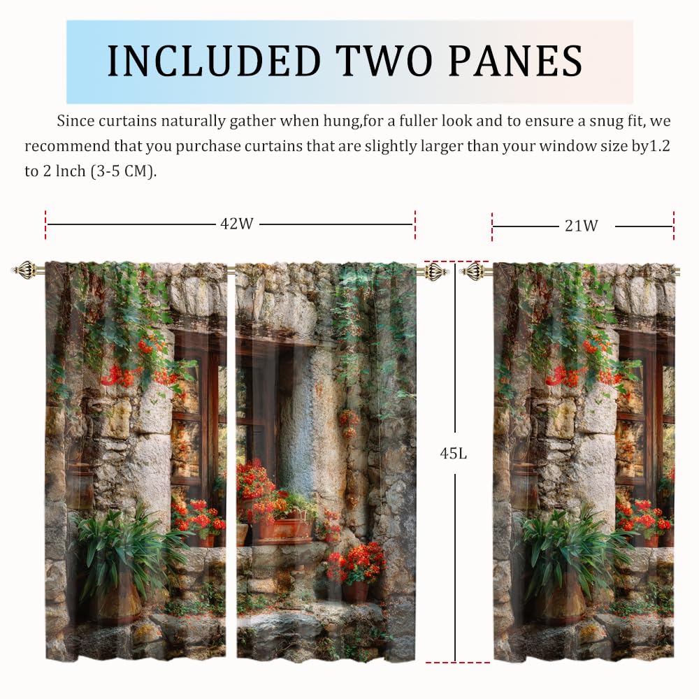 XSUPFLYM Beautiful Rustic Spring Garden Blackout Curtain for Living Room Fantasy Vintage Stone Wall Plant Flowers Pattern Thermal Insulated Curtain for Bedroom 2 Panels Each 21" W x 45" L