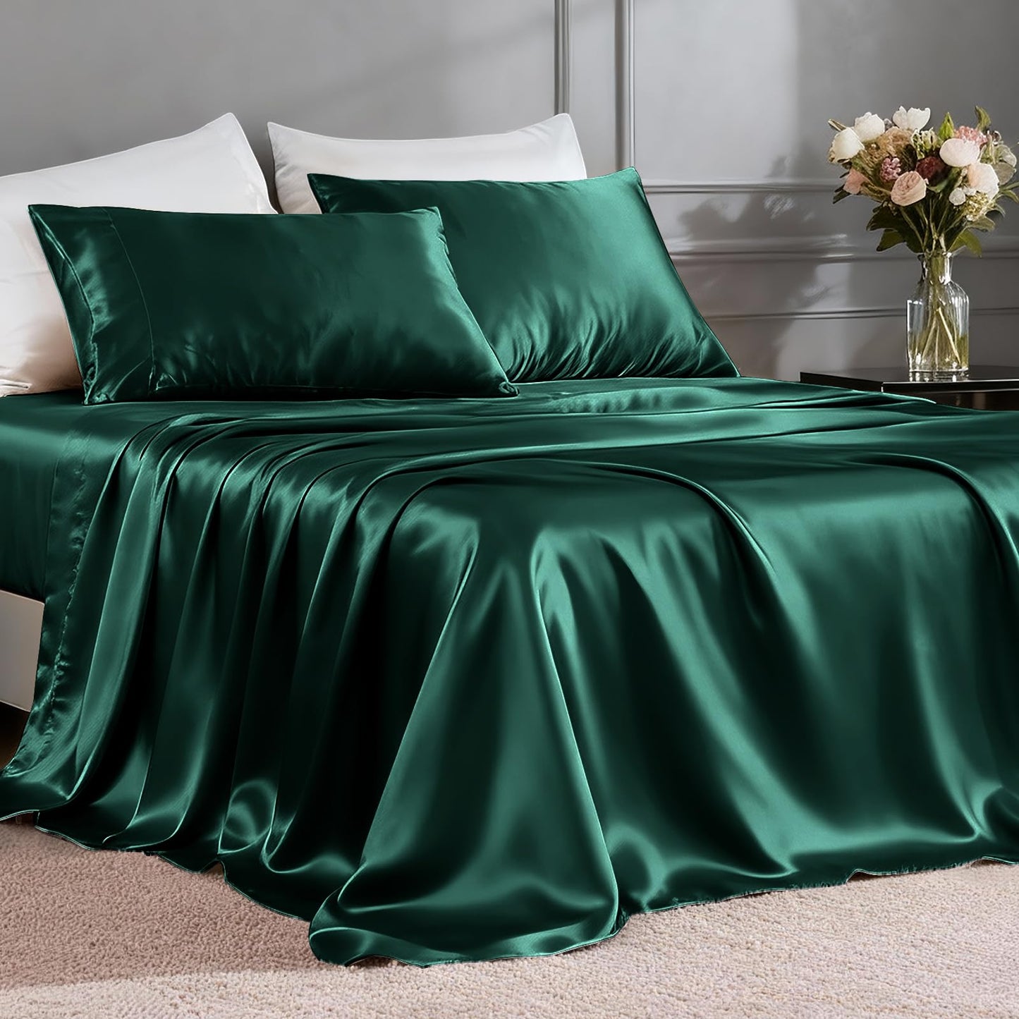 FreshCulture Satin Sheets Full Size - 4 Piece Luxury Soft Silky Full Size Bed Sheets, Similar to Silk Bed Sheet Set with 1 Deep Pocket Fitted Sheet, 1 Flat Sheet & 2 Pillowcases (Dark Green)