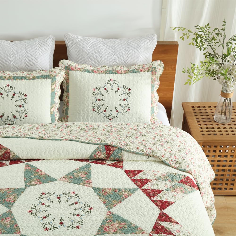 camandy Cotton Bedspread Quilt Bedding Sets, 3 Pieces Reversible Coverlets Comforters Star with Green Floral Real Patchwork Bedspread, King Size