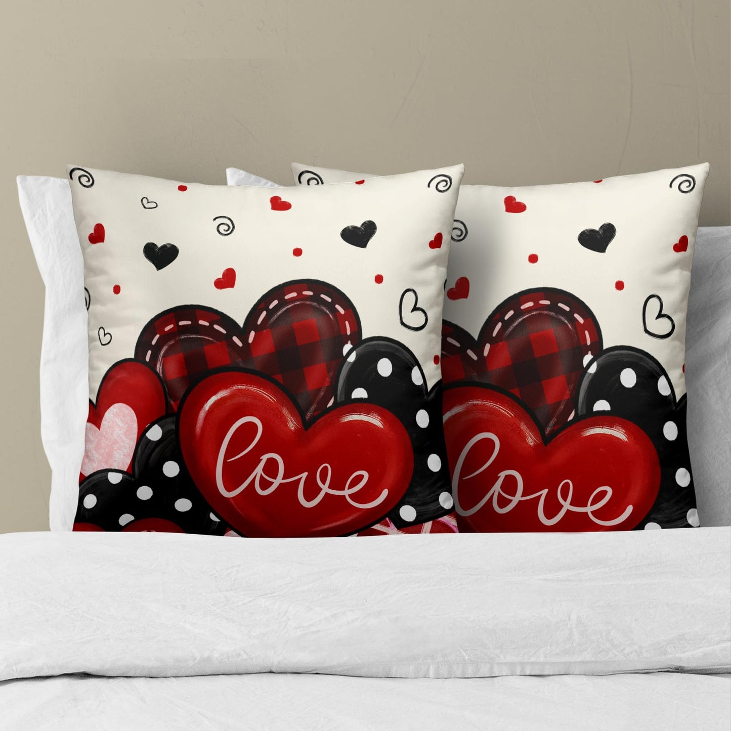 Mweet Valentines Day Pillow Covers 18x18 Inch Set of 2, Red Black Plaid Dots Hearts and Love Design Square Pillowcases for Sofa Couch Bed Chair Indoor Outdoor Home Decor