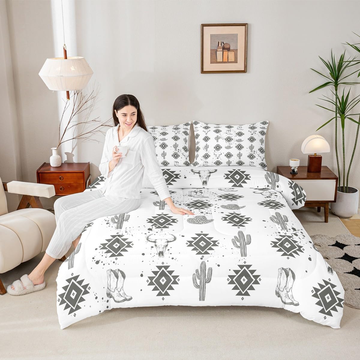 jejeloiu Boho Comforter Set Queen Size Western Decor Bedding Set for Kids Boys Girls Bull Skull Duvet Quilt Cactus Bedroom Decor Microfiber 3 Pcs with 2 Pillow Cases