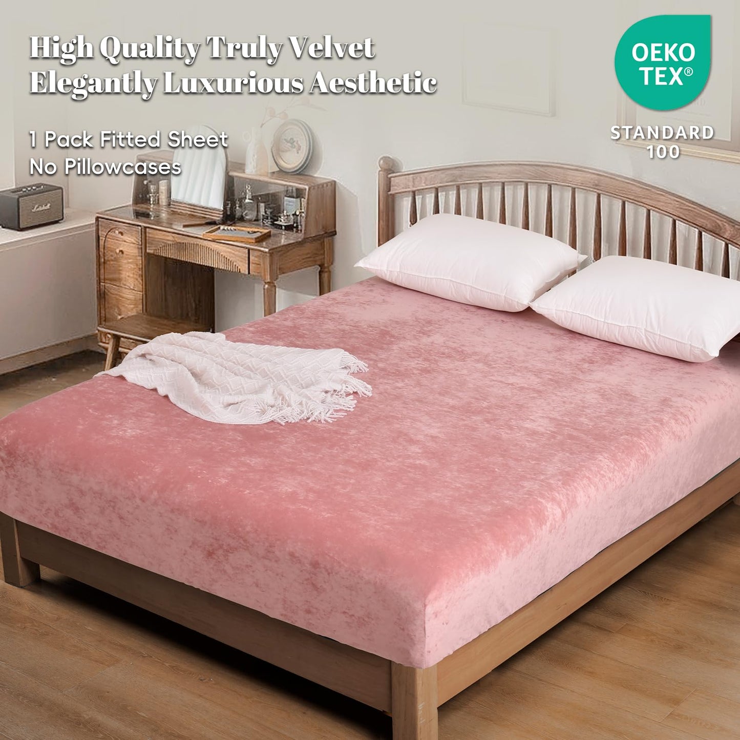 PHF Truly Velvet Fitted Sheet Only Full Size, Luxury Super Soft Cozy Fuzzy Flannel Bottom Sheet, Deep Pocket Up to 16",Strenghth Elastic Band, Suitable for Fall Winter Spring, No Pillowcases, Pink