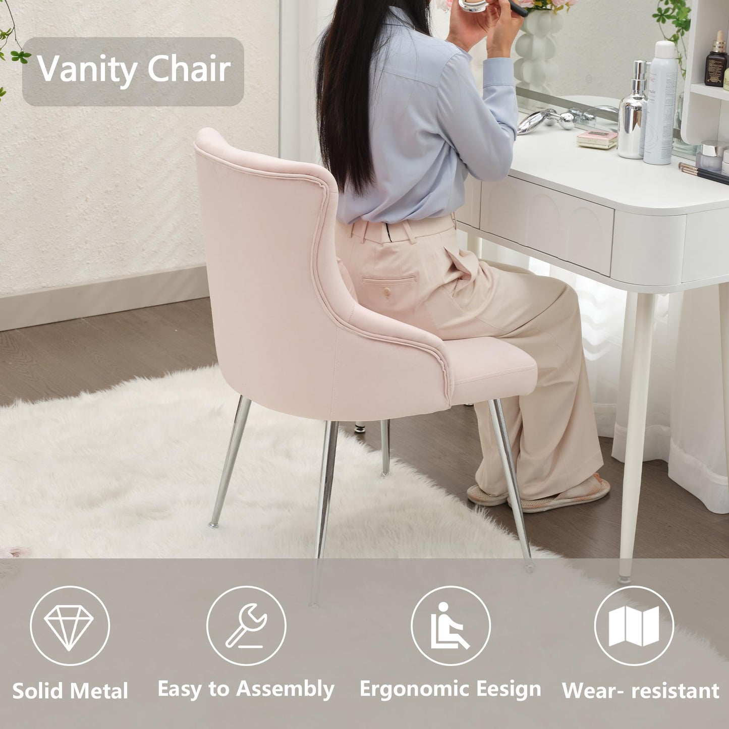 UDAX Velvet Vanity Chairs with Back, Upholstered Makeup Chair No Wheels with Metal Legs & Lumbar Pillow for Living Room/Makeup Room/Bedroom/Home Office/Kitchen