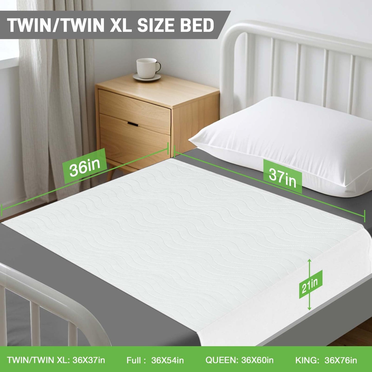 Bed Pads Washable Waterproof for Incontinence Adults, Reusable Wetting Pad Mattress Protector Underpads Tuckable Quick Dry, Fits Twin/Twin XL Size Bed, 36" x 37", White