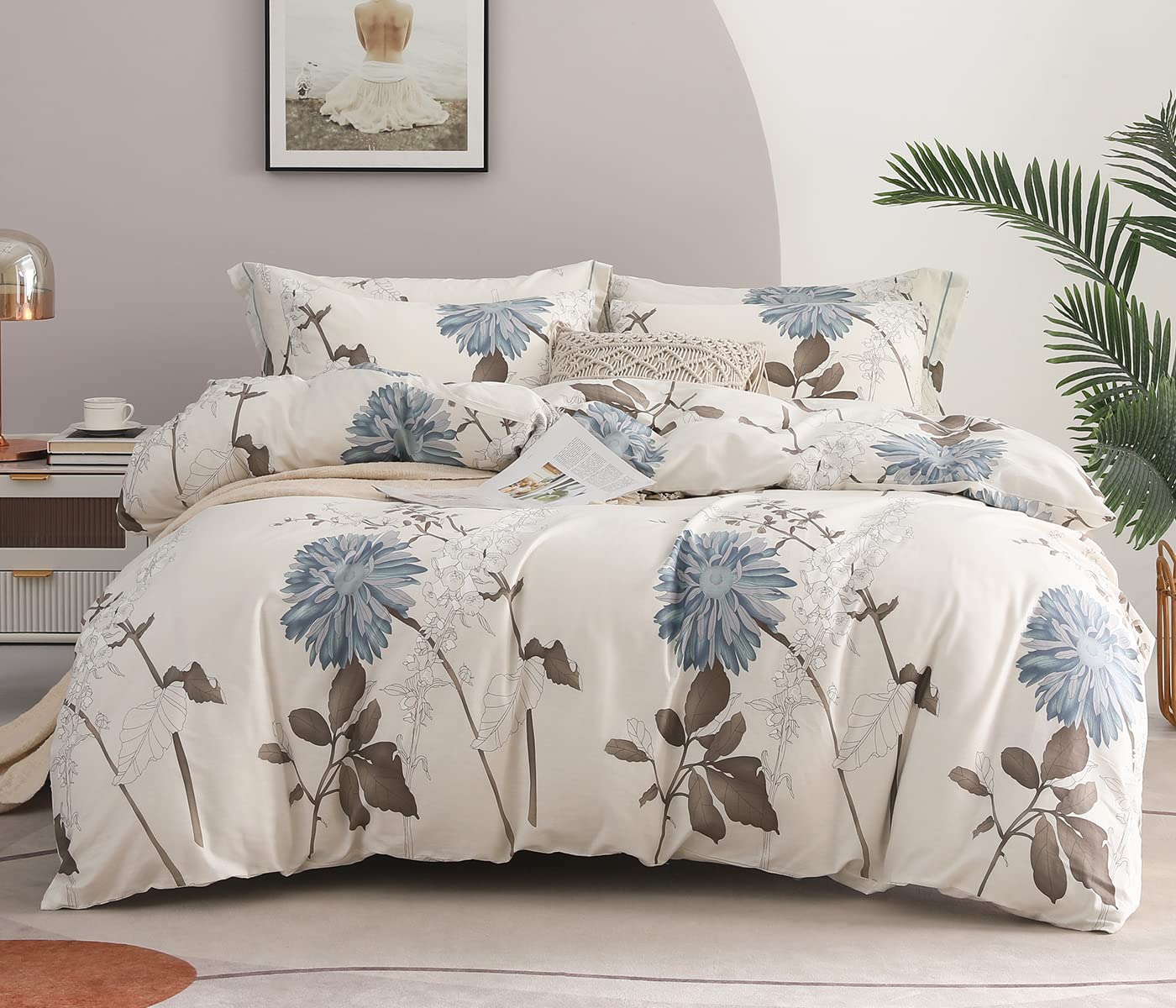 SLEEPBELLA Comforter King Size, 600 Thread Count Cotton Brown Branches and Blue Flowers Off-White Comforter Sets, Down Alternative Bedding Set 3Pcs(King, Off-White Botanical)