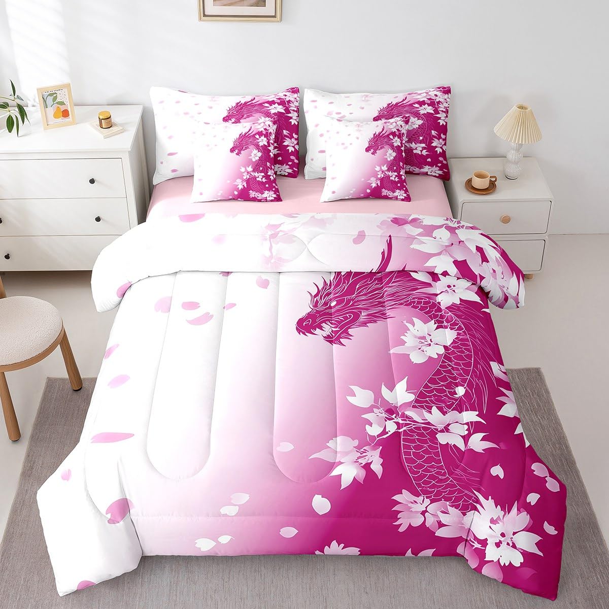 Erosebridal Pink Fantasy Dragon Bed in A Bag Pink White Gradient Princess Bedding Set for Kids Girls Teen Women,Magical Wildlife Animal Twin Comforter Set 7 Piece Dreamy Cherry Blossom Bed Set